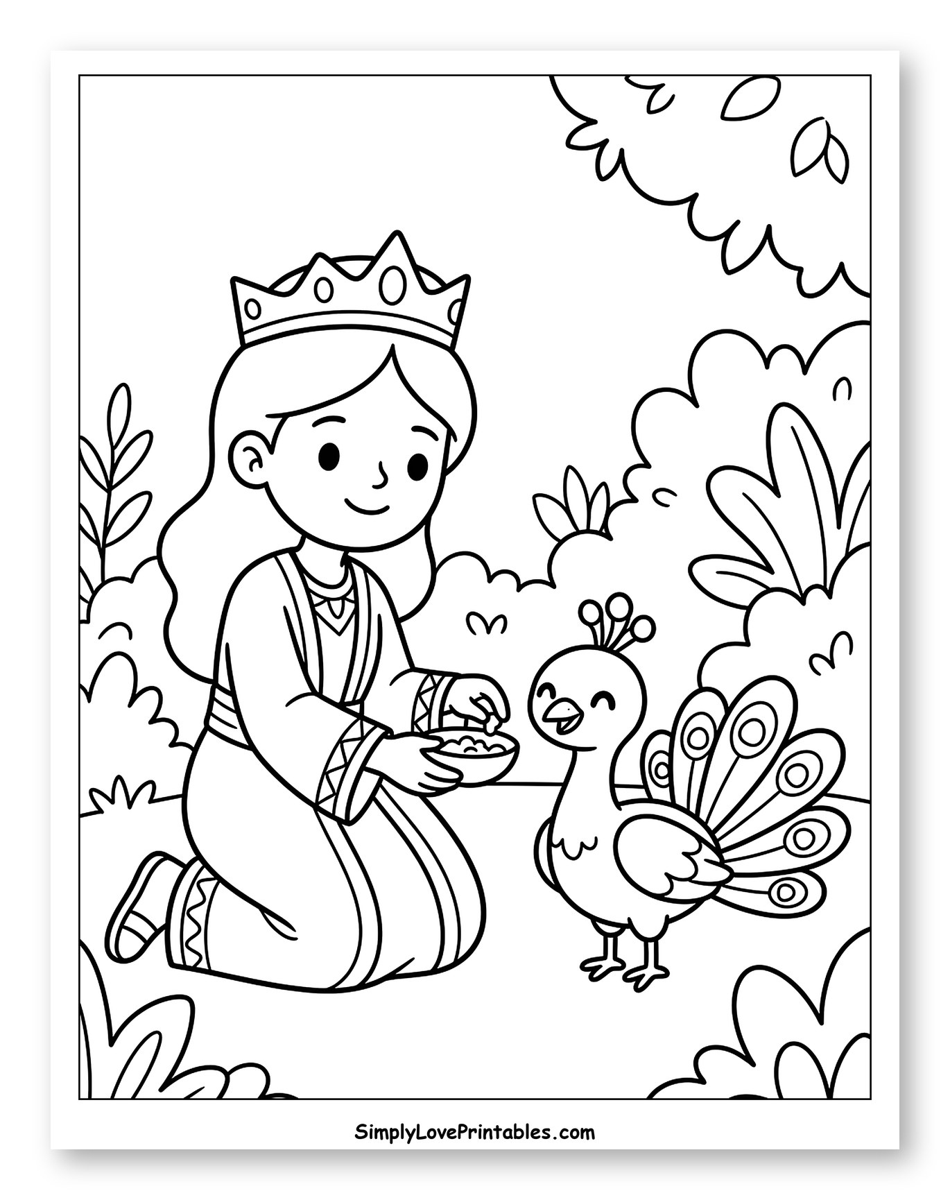 Queen Feeding a Happy Peacock Coloring Sheet for Kids