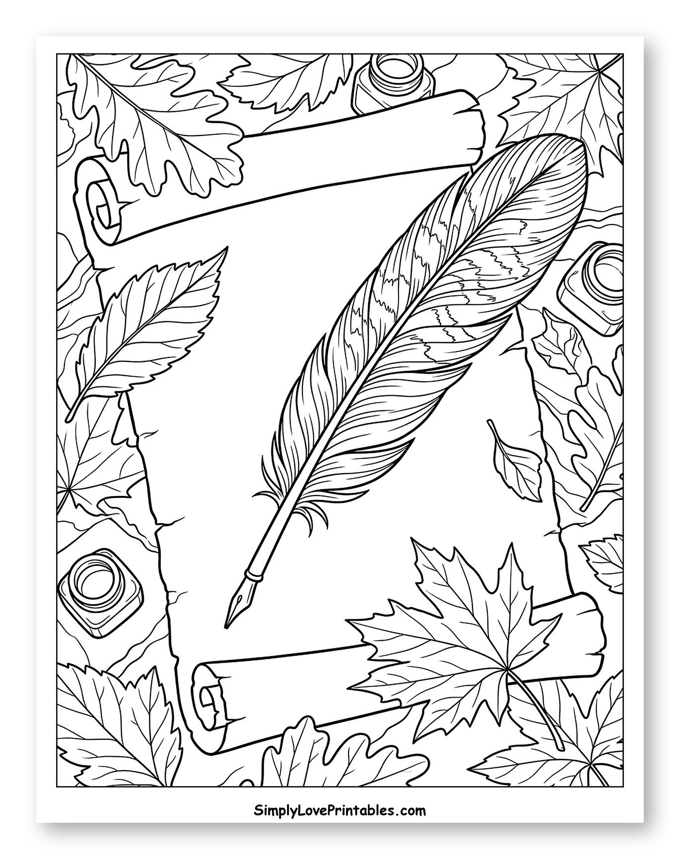 Quill Pen on Scroll with Autumn Leaves to Color