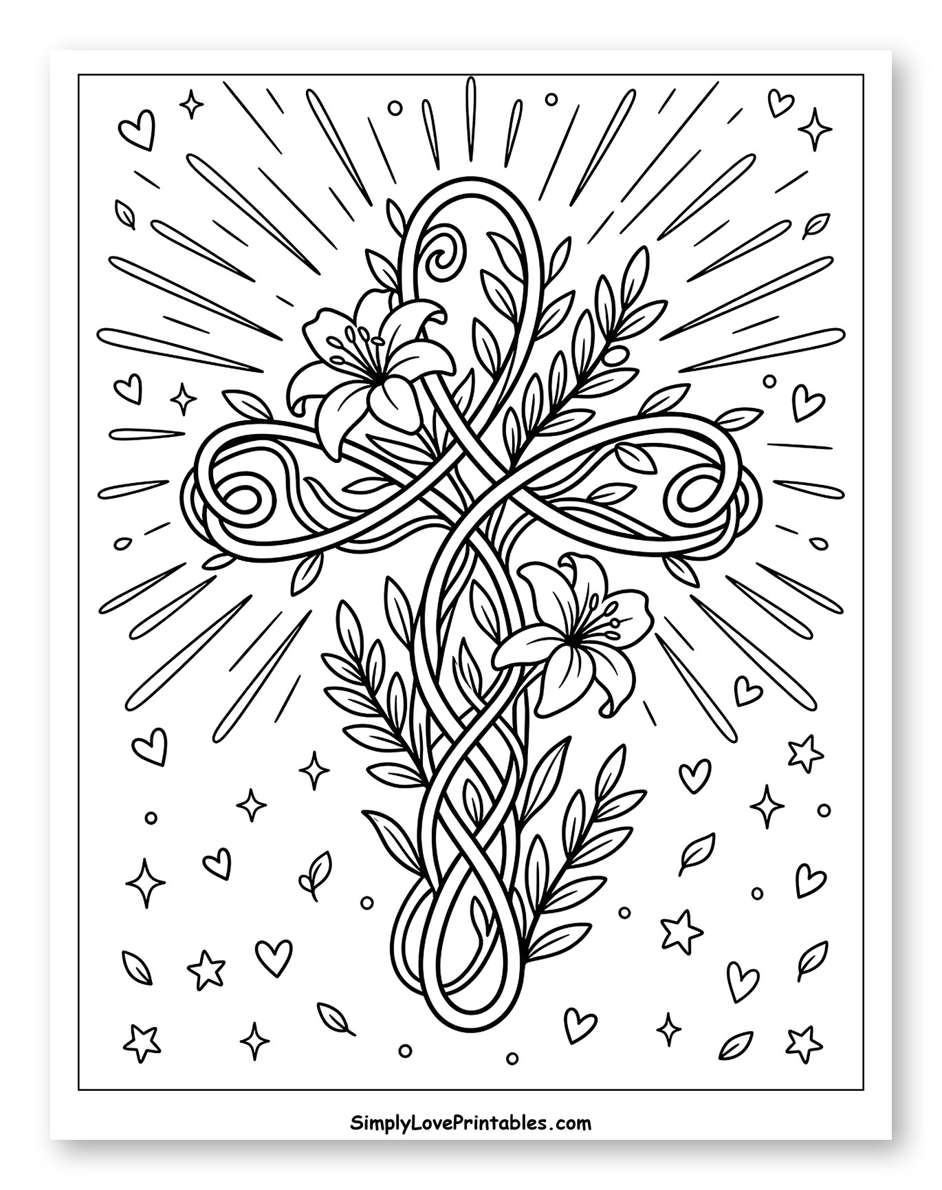 Radiant Floral Cross with Lilies and Stars to Color for Adults