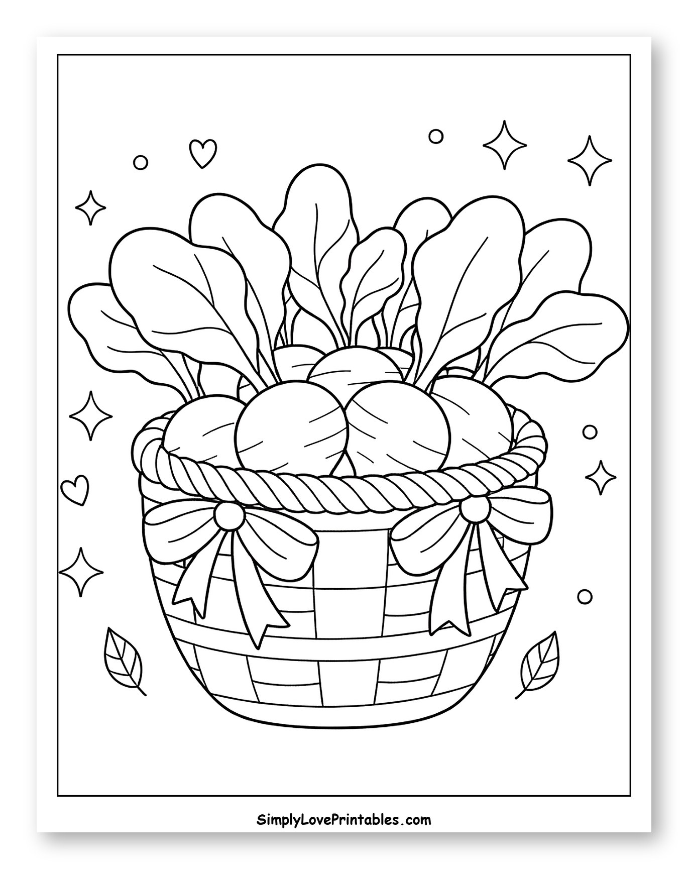 Radishes in a Basket with Bows and Stars Coloring Sheet for Adults
