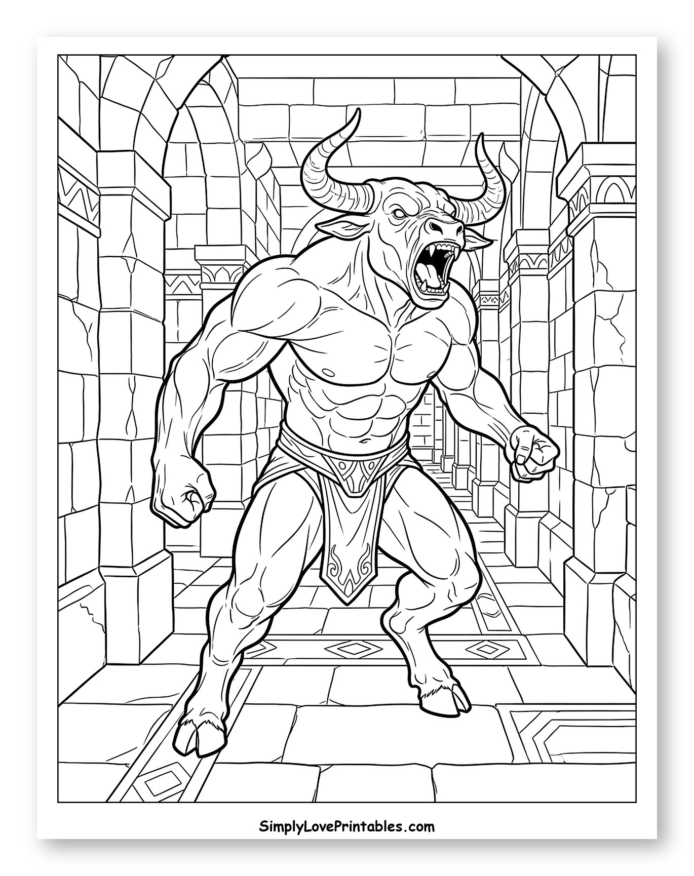 Raging Minotaur in an Ancient Stone Labyrinth Coloring Sheet