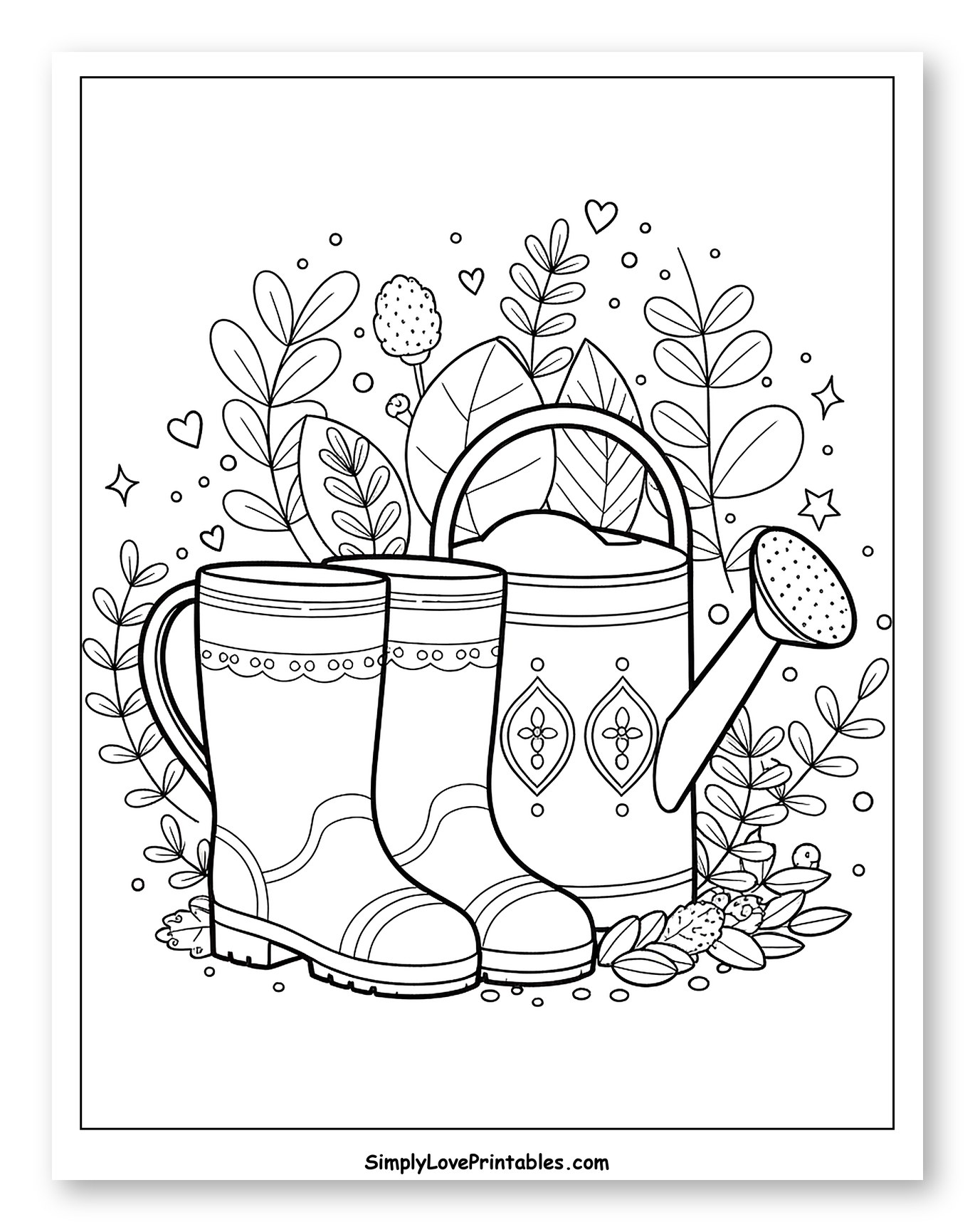 Rain Boots and Watering Can Amidst Foliage Coloring Page for Adults