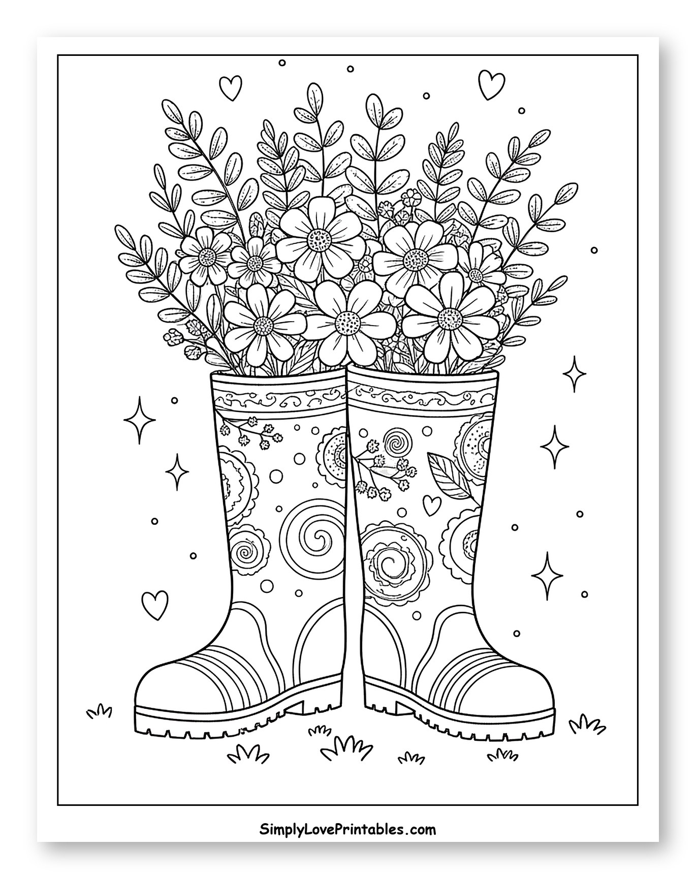 Rain Boots with a Bouquet of Flowers Coloring Page for Adults