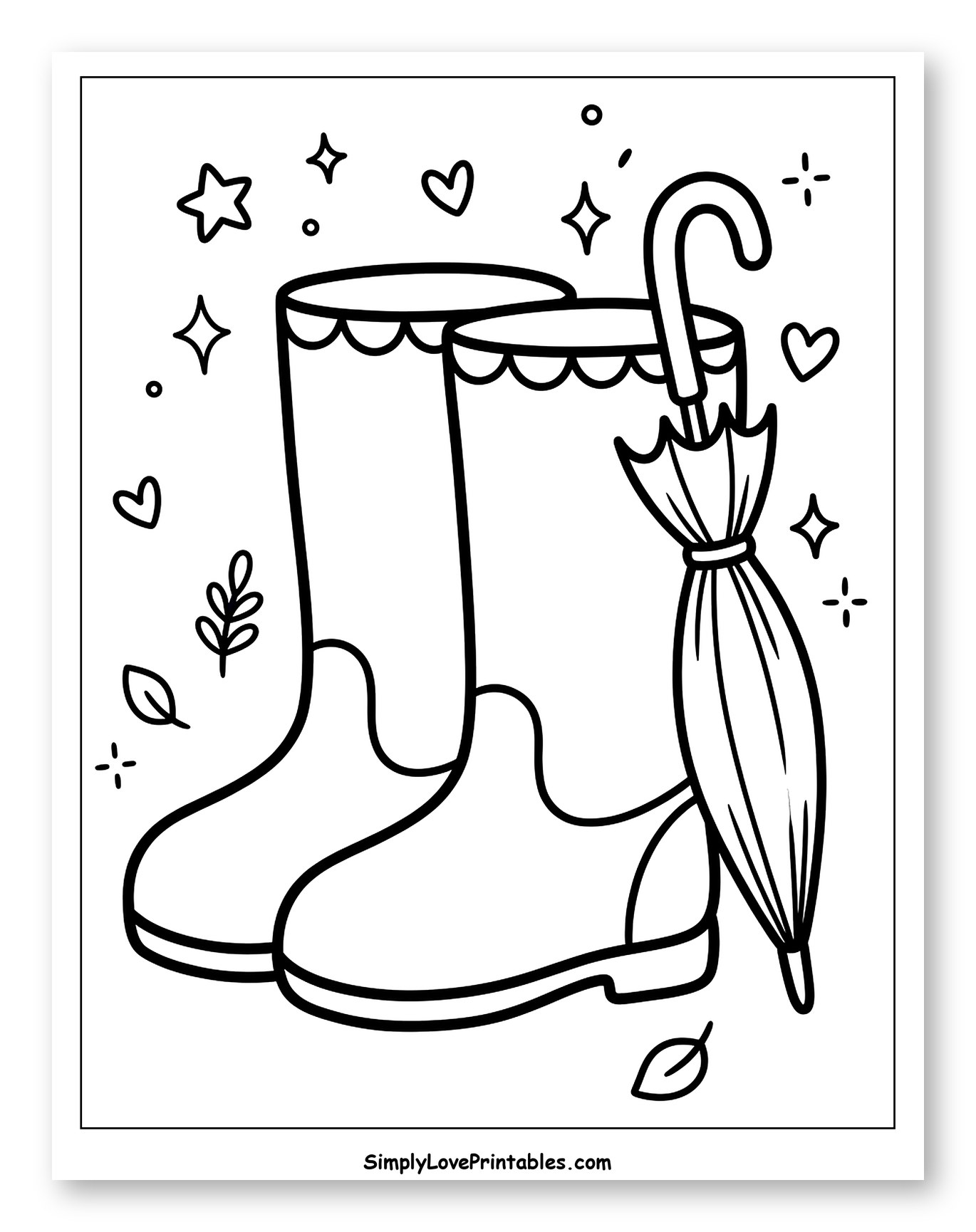Rain Boots with a Closed Umbrella and Leaves to Color for Adults