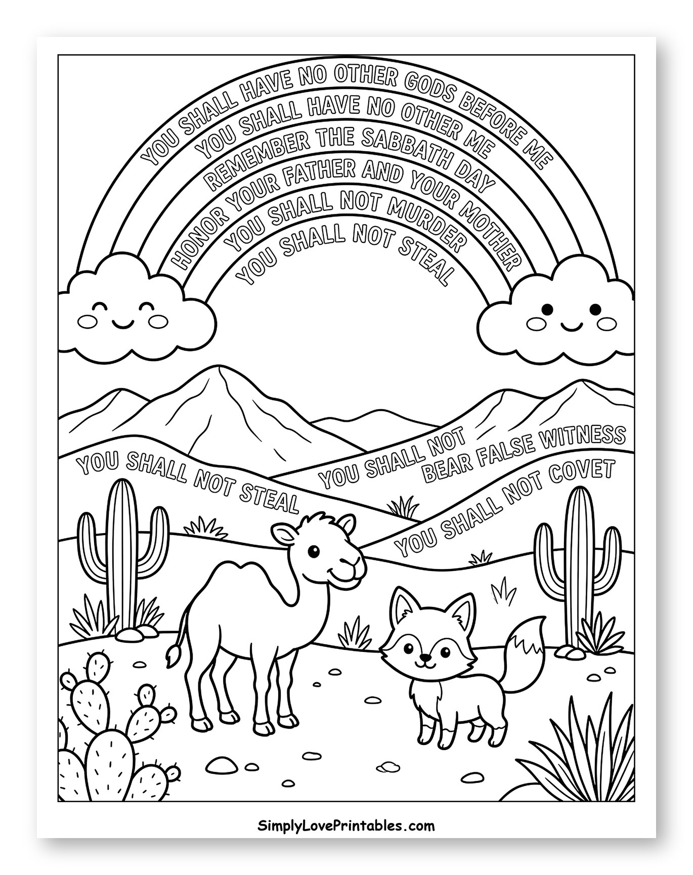 Rainbow Over Desert Scene Coloring Sheet for Kids