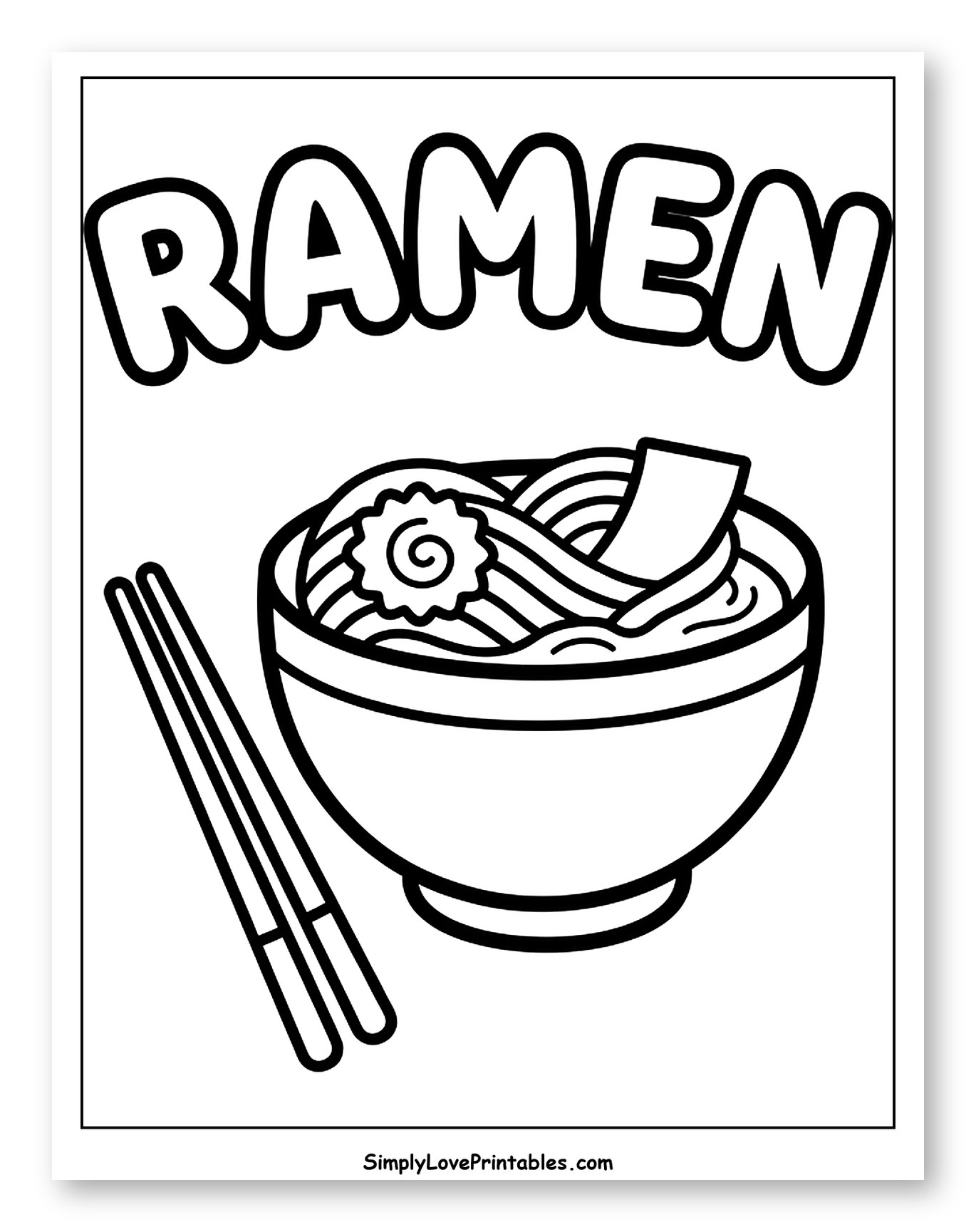 Ramen Bowl and Chopsticks with Word Coloring Page for Toddlers