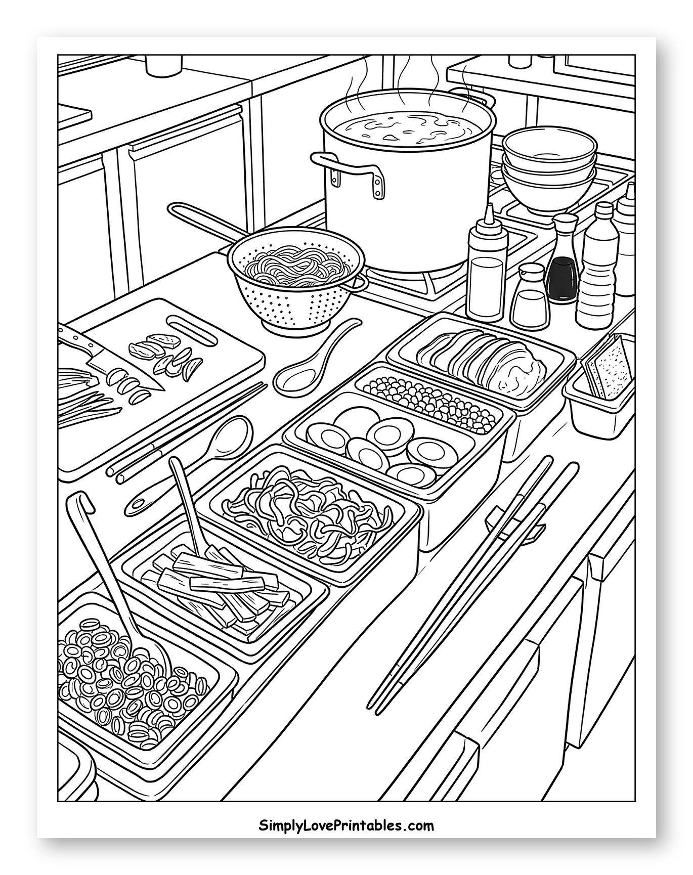 Ramen Preparation Station with Ingredients to Color