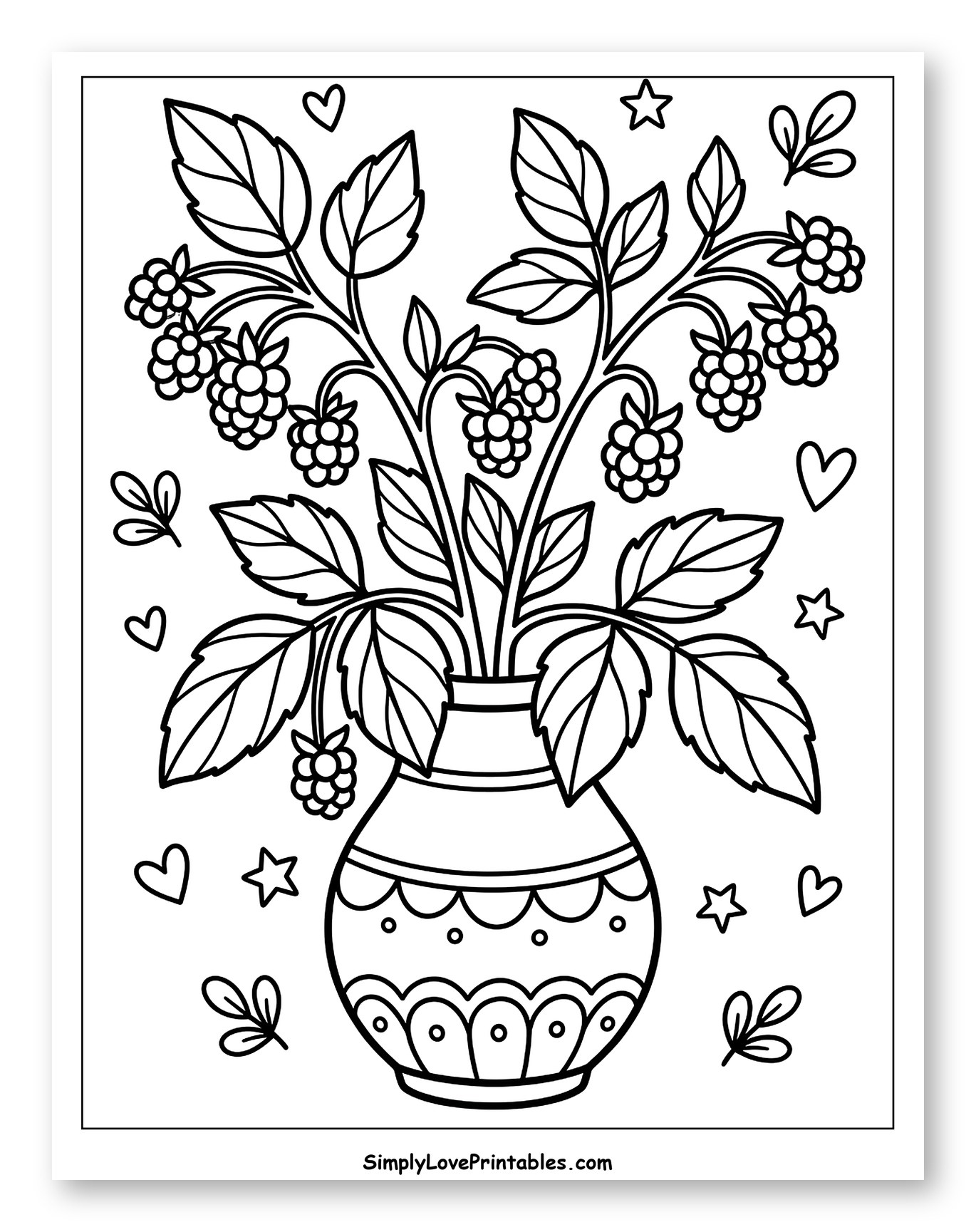 Raspberry Branches in a Decorative Vase Coloring Page for Adults