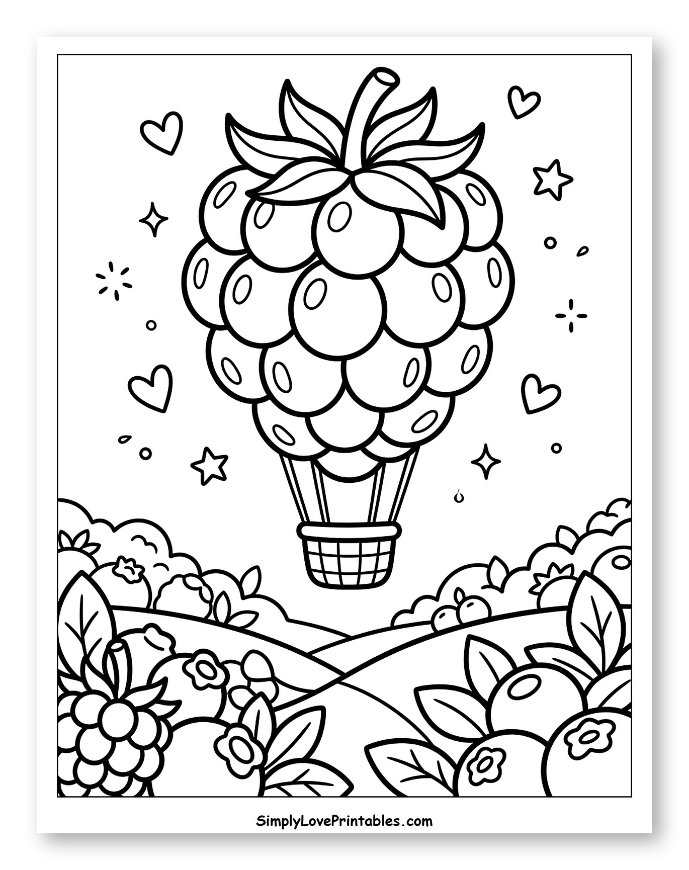 Raspberry Hot Air Balloon Over Berry Fields Coloring Page for Adults