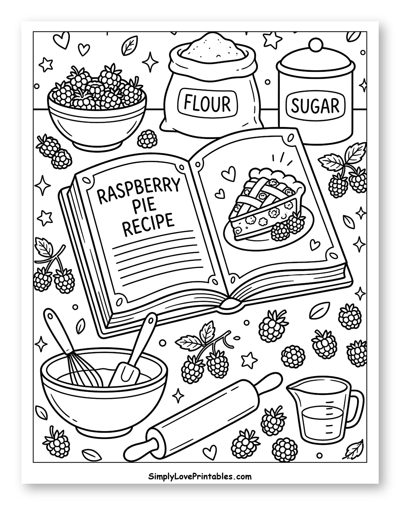 Raspberry Pie Recipe Ingredients and Tools to Color for Adults
