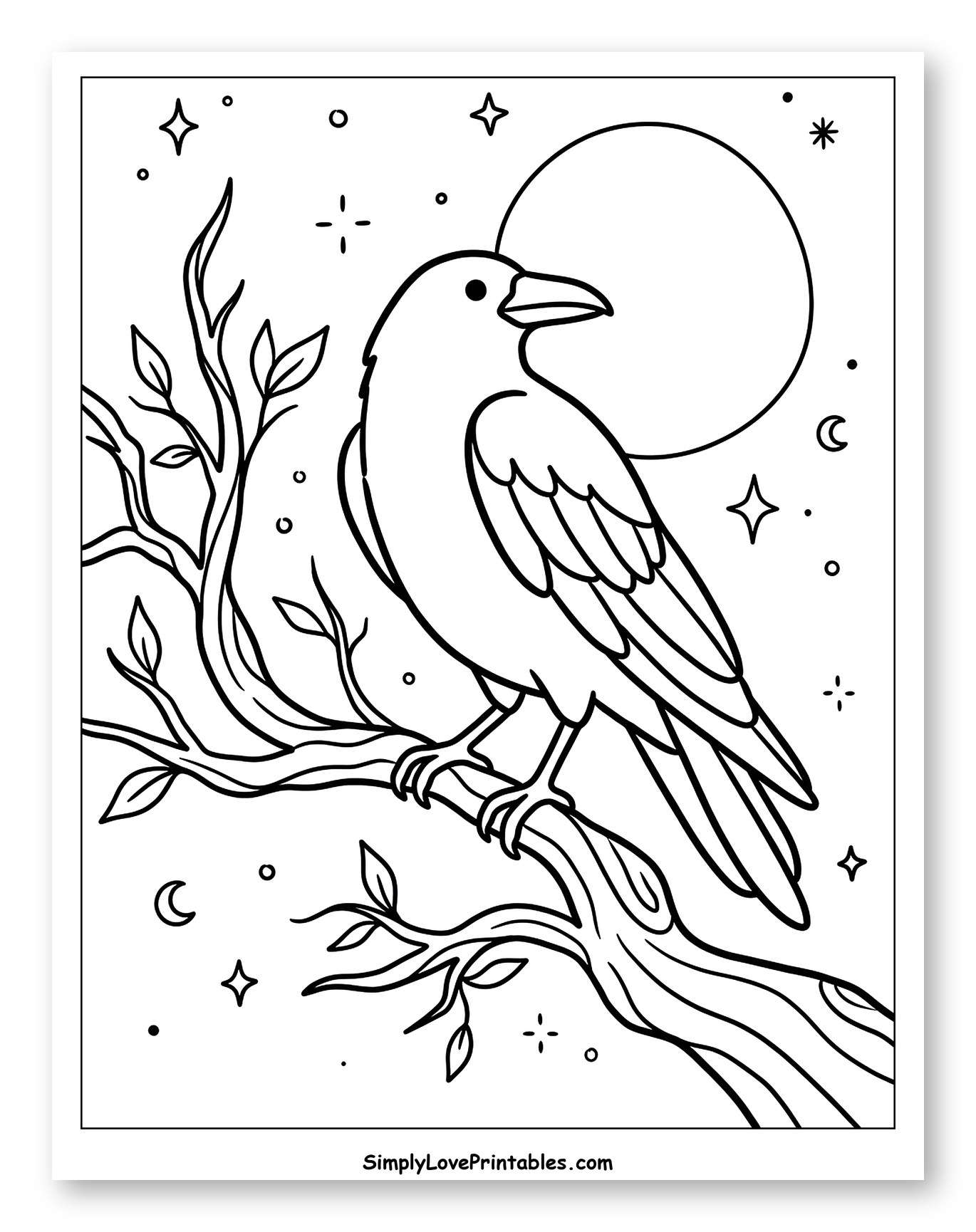 Raven on a Branch with Moon and Stars