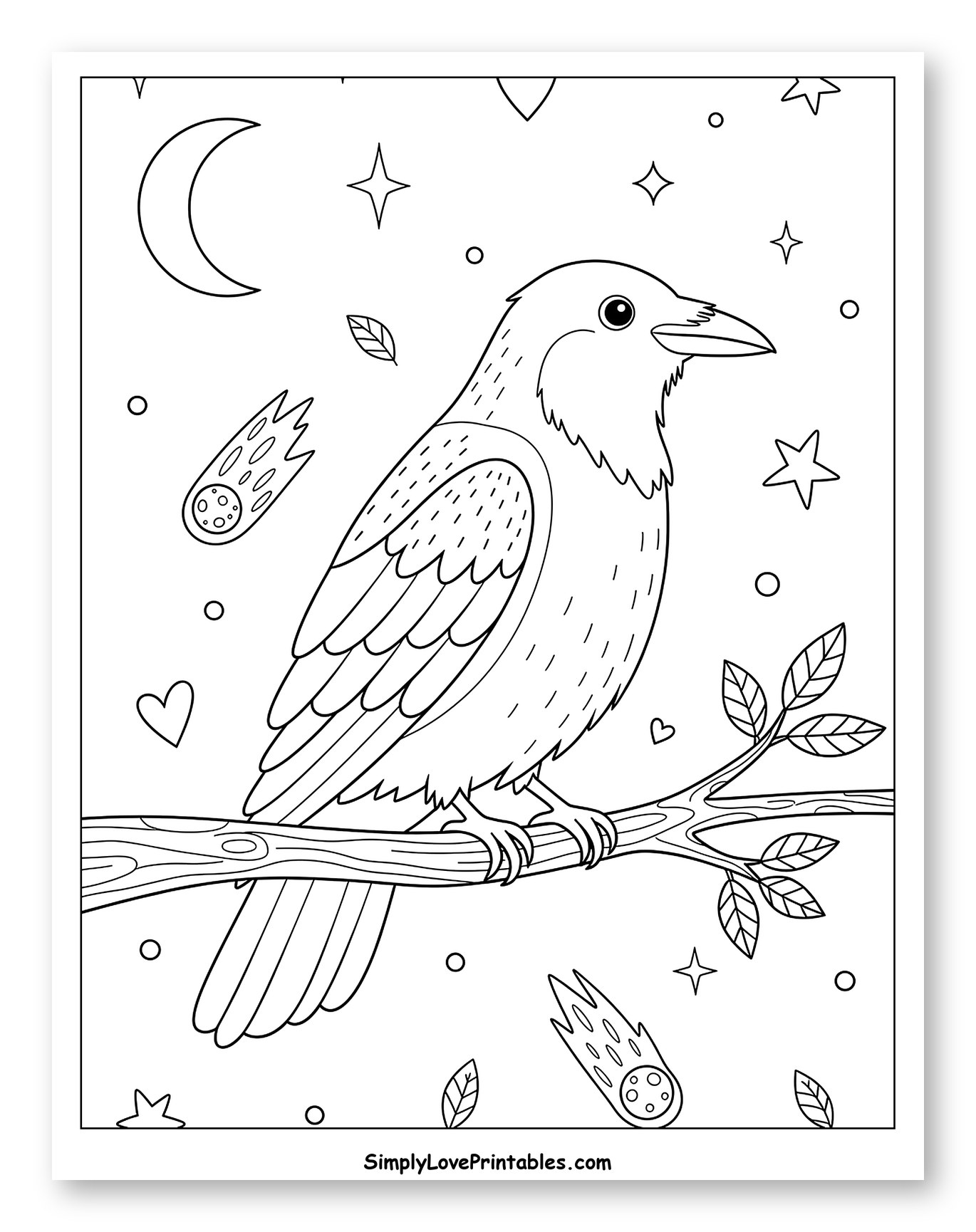 Raven on Branch with Night Sky Elements
