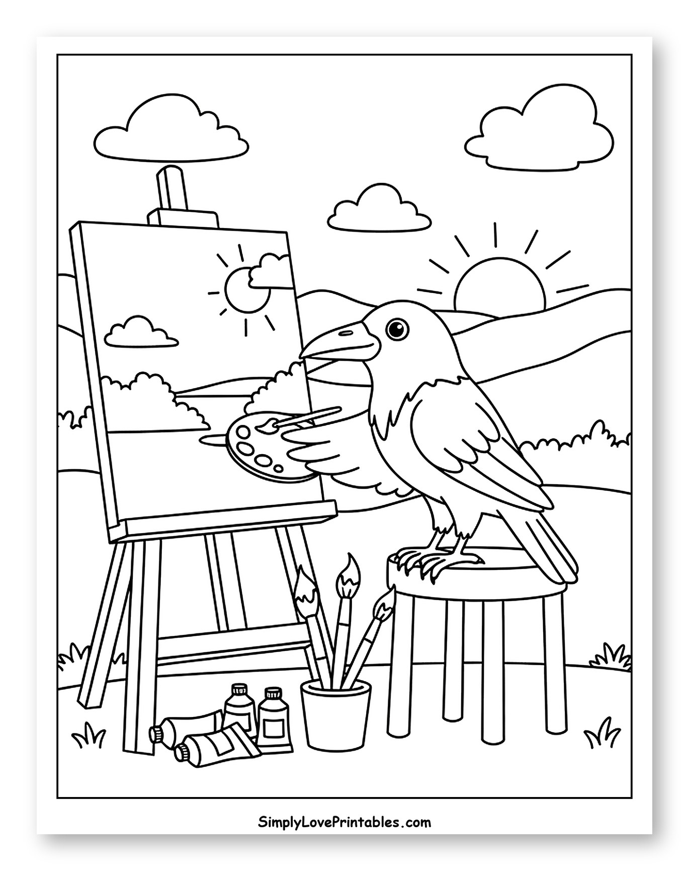 Raven Painting a Landscape Outdoors