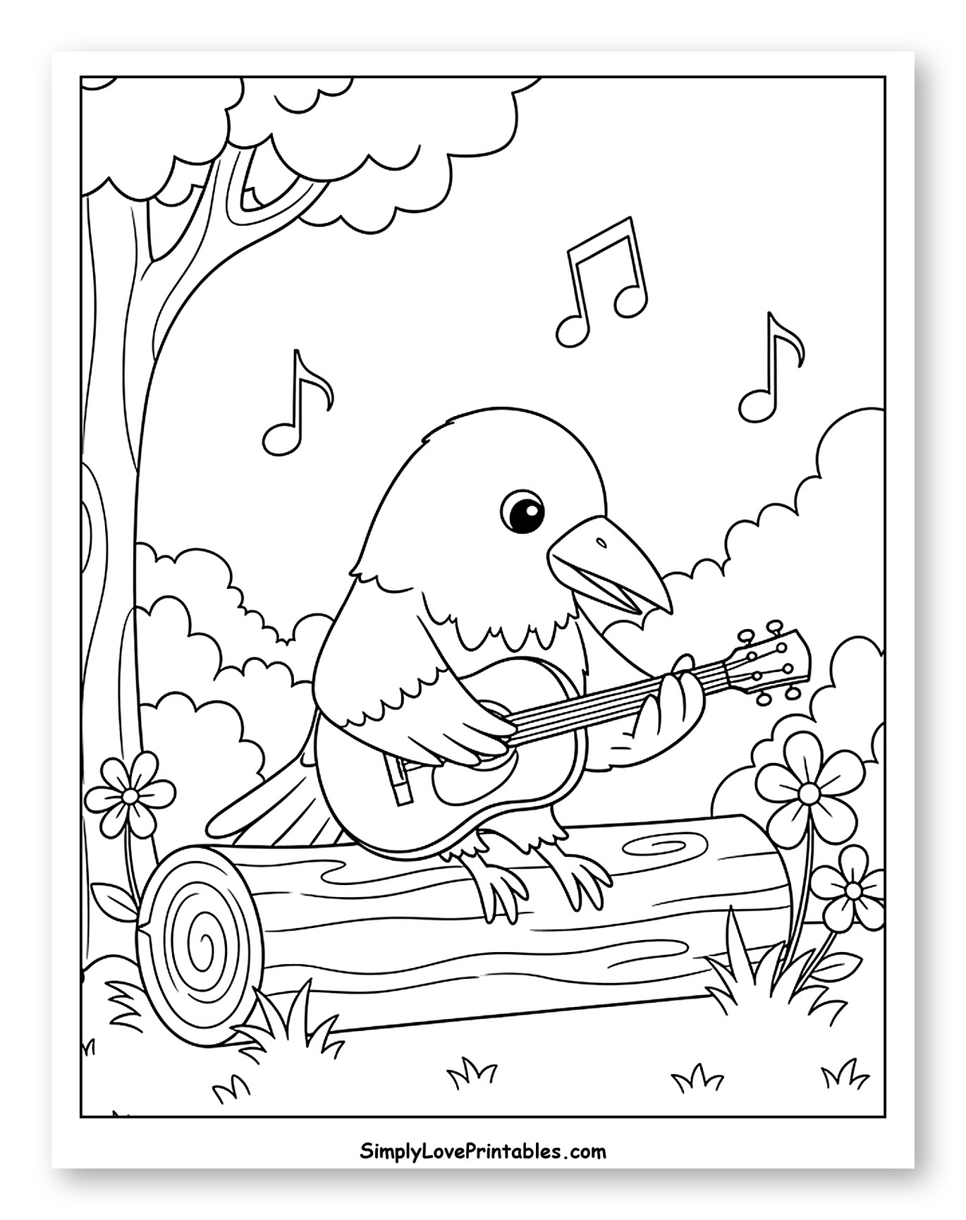 Raven Playing Guitar on a Log