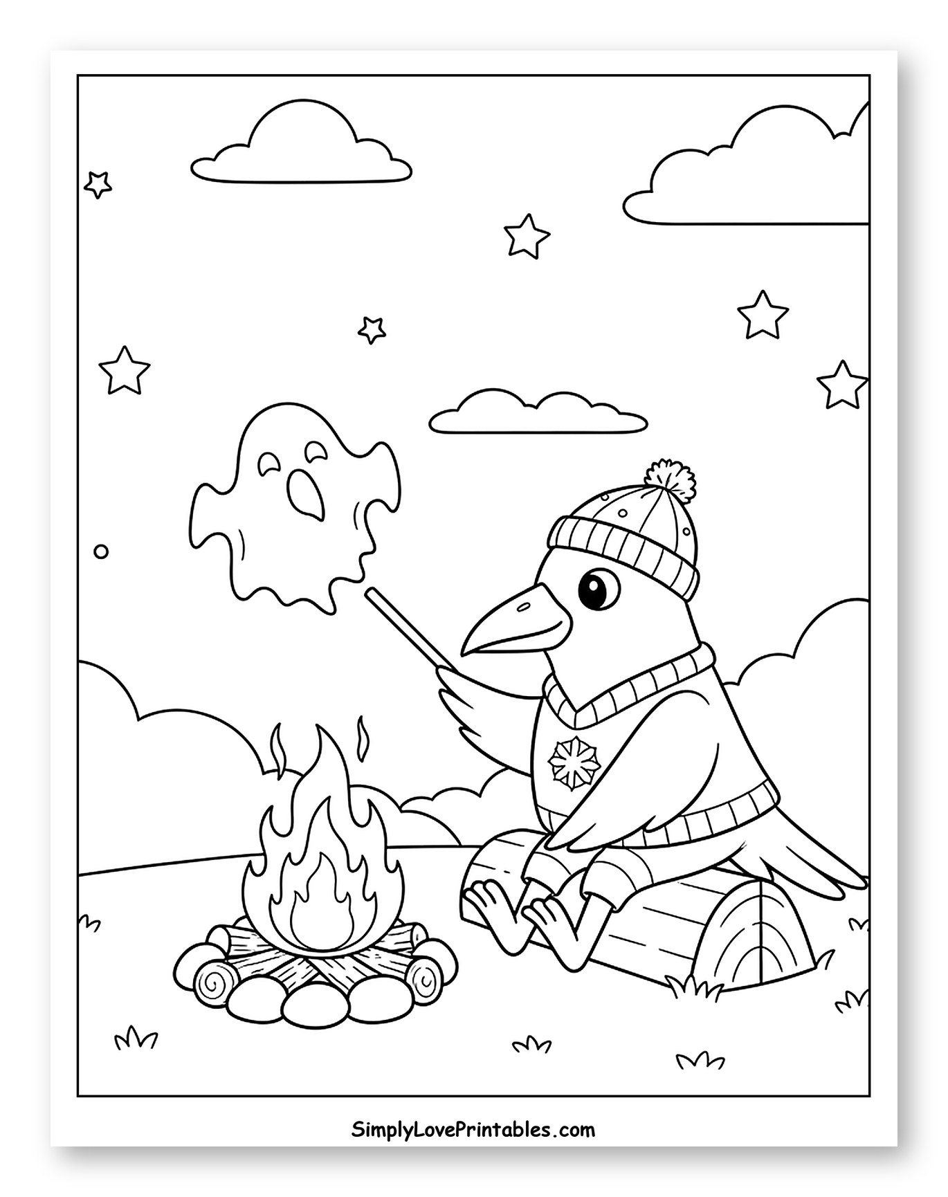 Raven Telling a Ghost Story by Campfire Coloring Sheet for Kids