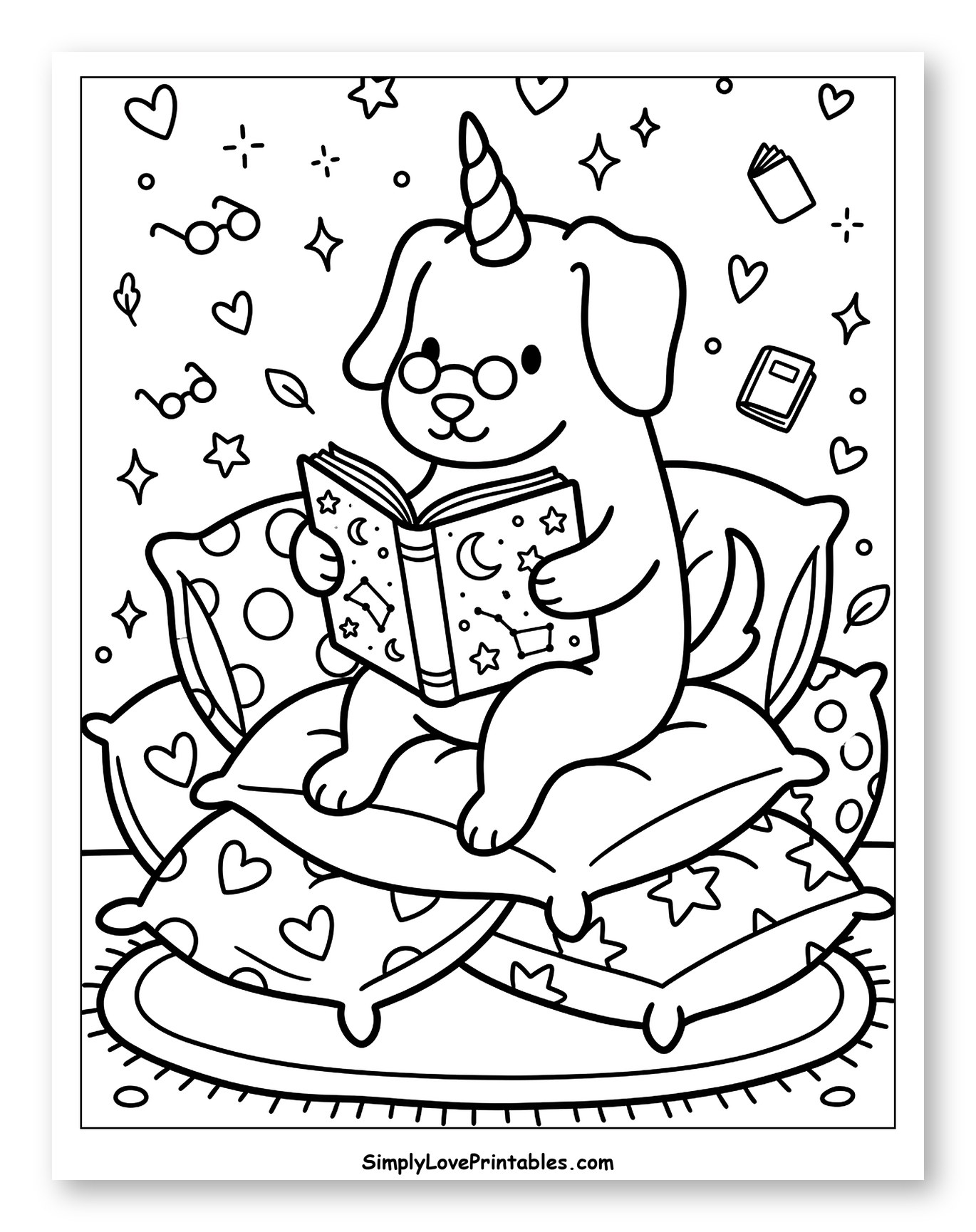 Reading Unicorn Dog on Stack of Pillows to Color for Adults