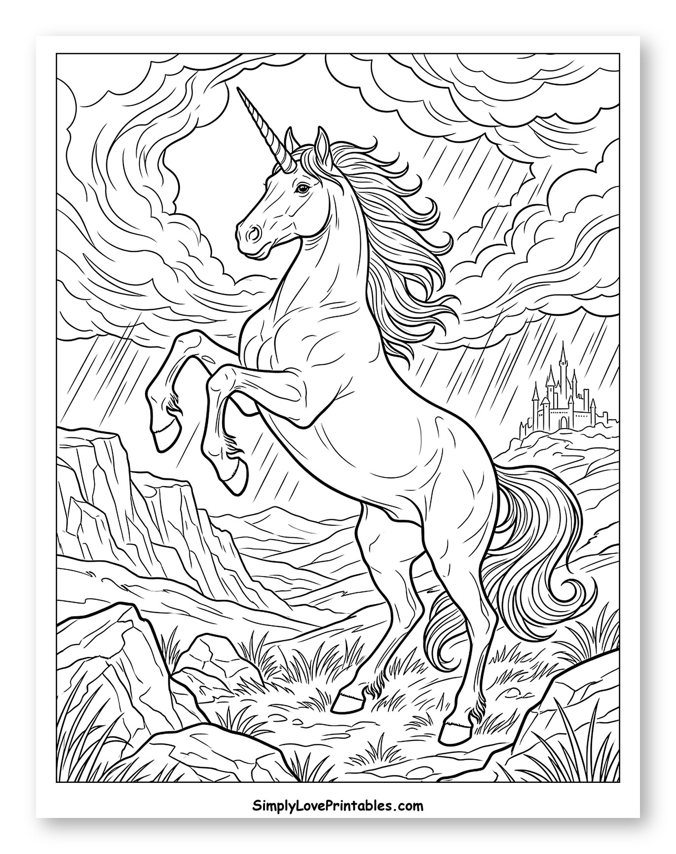 Rearing Unicorn in a Stormy Landscape