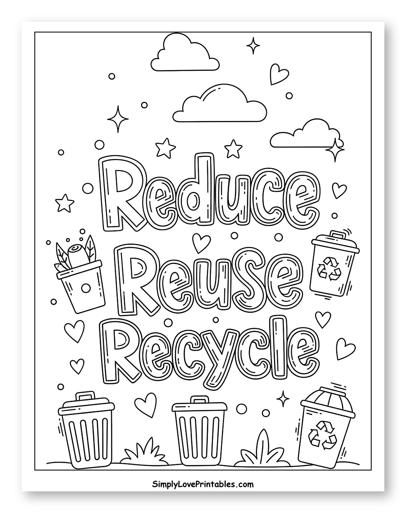Reduce Reuse Recycle with Clouds Stars and Bins Coloring Page for Adults