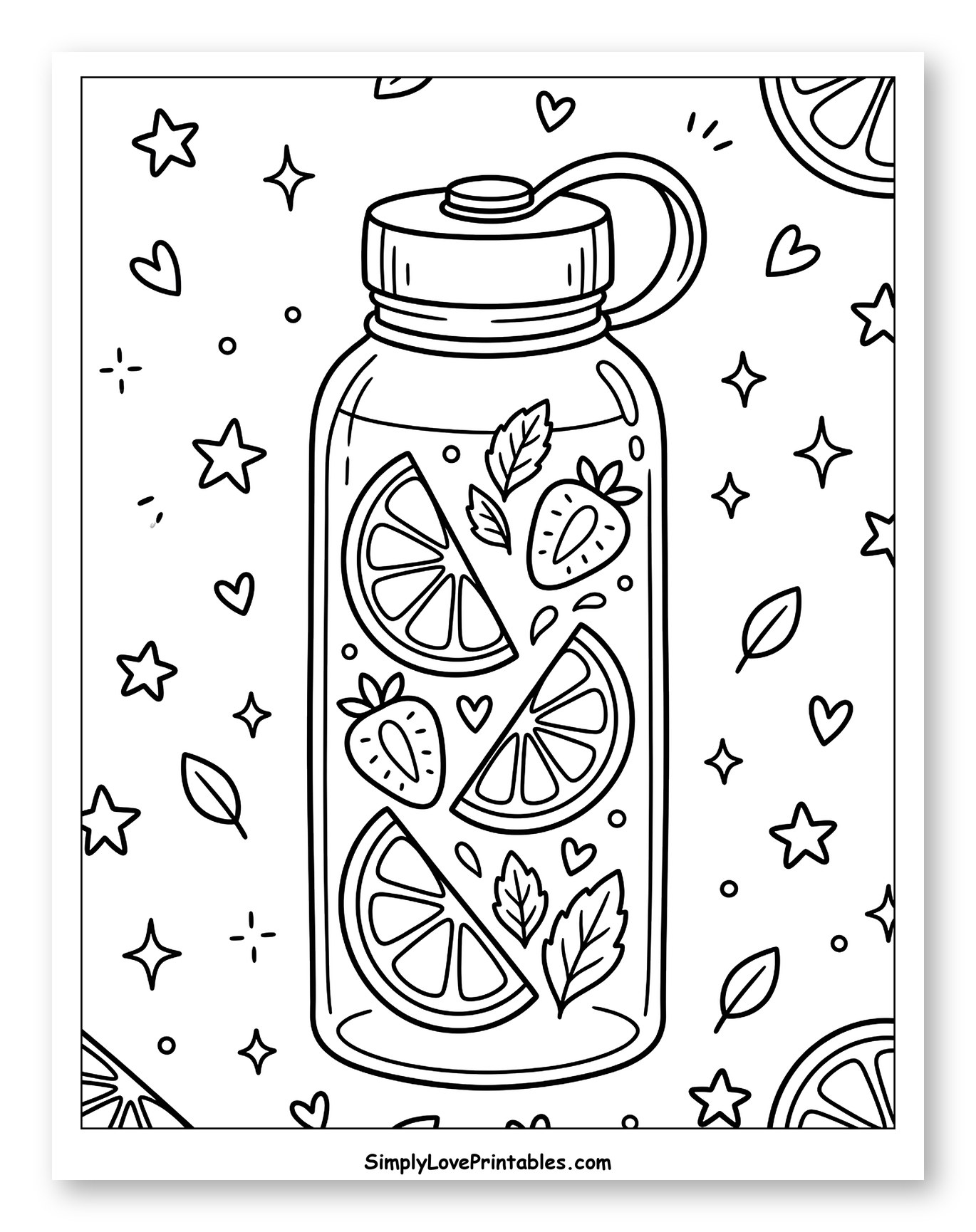 Refreshing Fruit-Infused Water Bottle with Decorations Coloring Sheet for Adults
