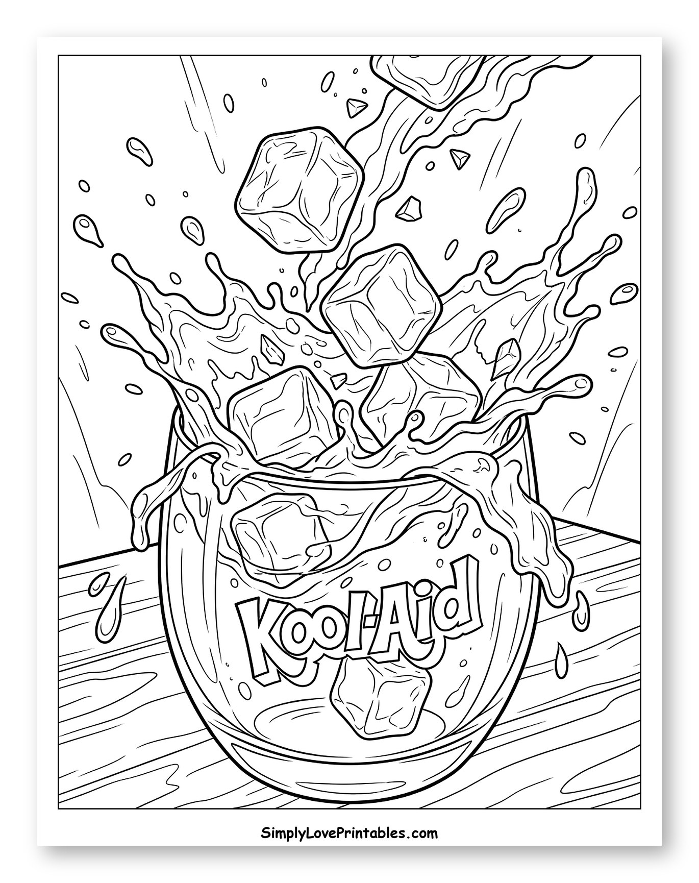Refreshing Kool-Aid with Ice Cubes Splashing Coloring Page