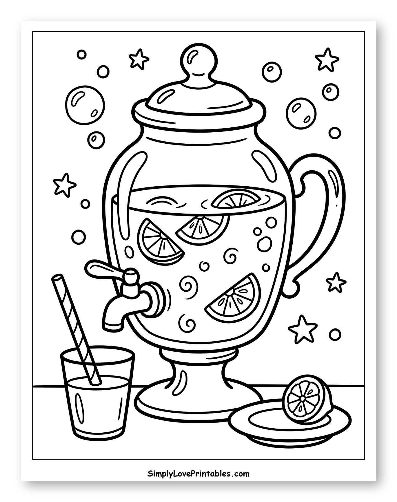 Refreshing Lemonade Dispenser with Glass and Lemon Coloring Page for Adults