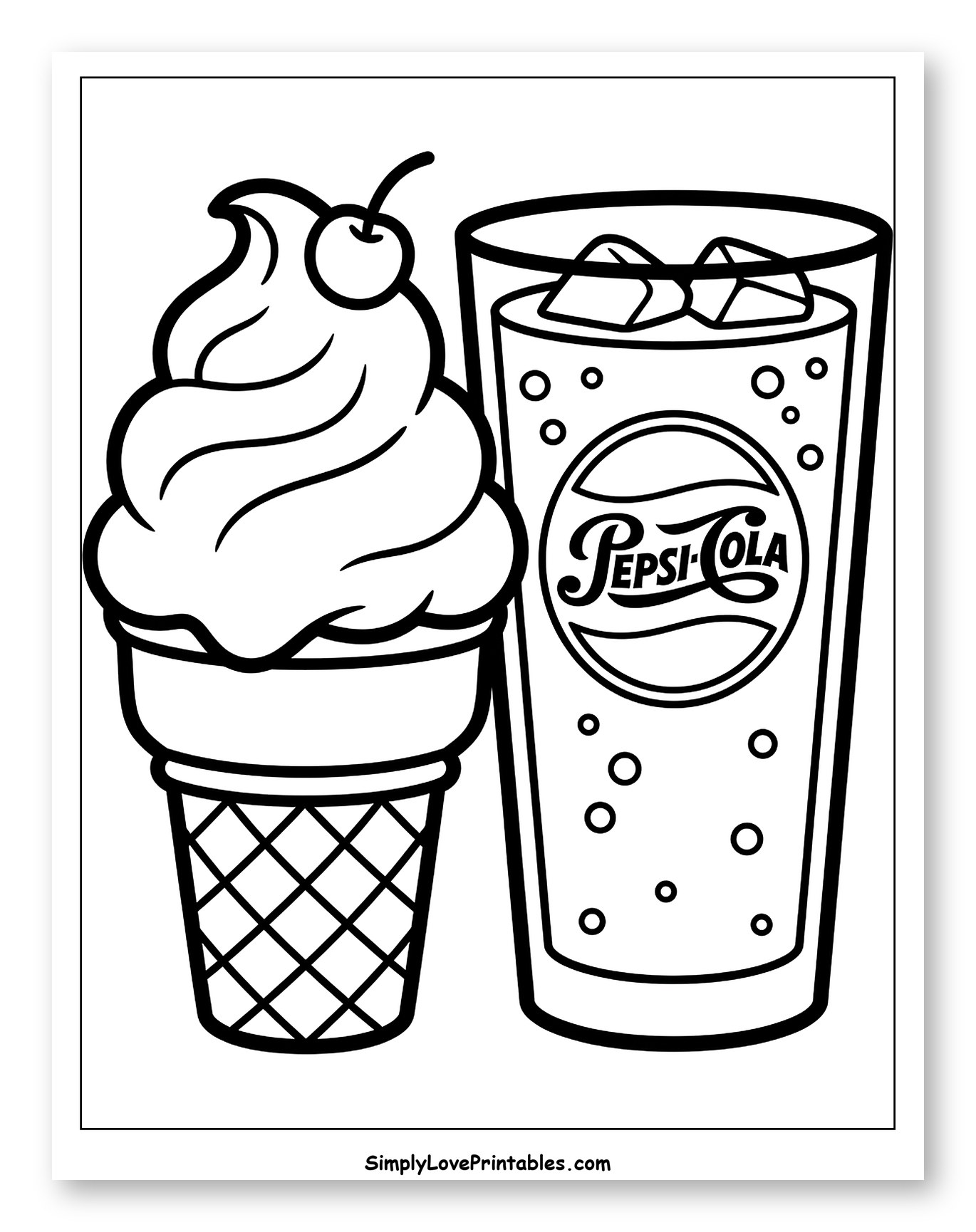 Refreshing Pepsi and Cherry Topped Ice Cream Coloring Sheet for Toddlers