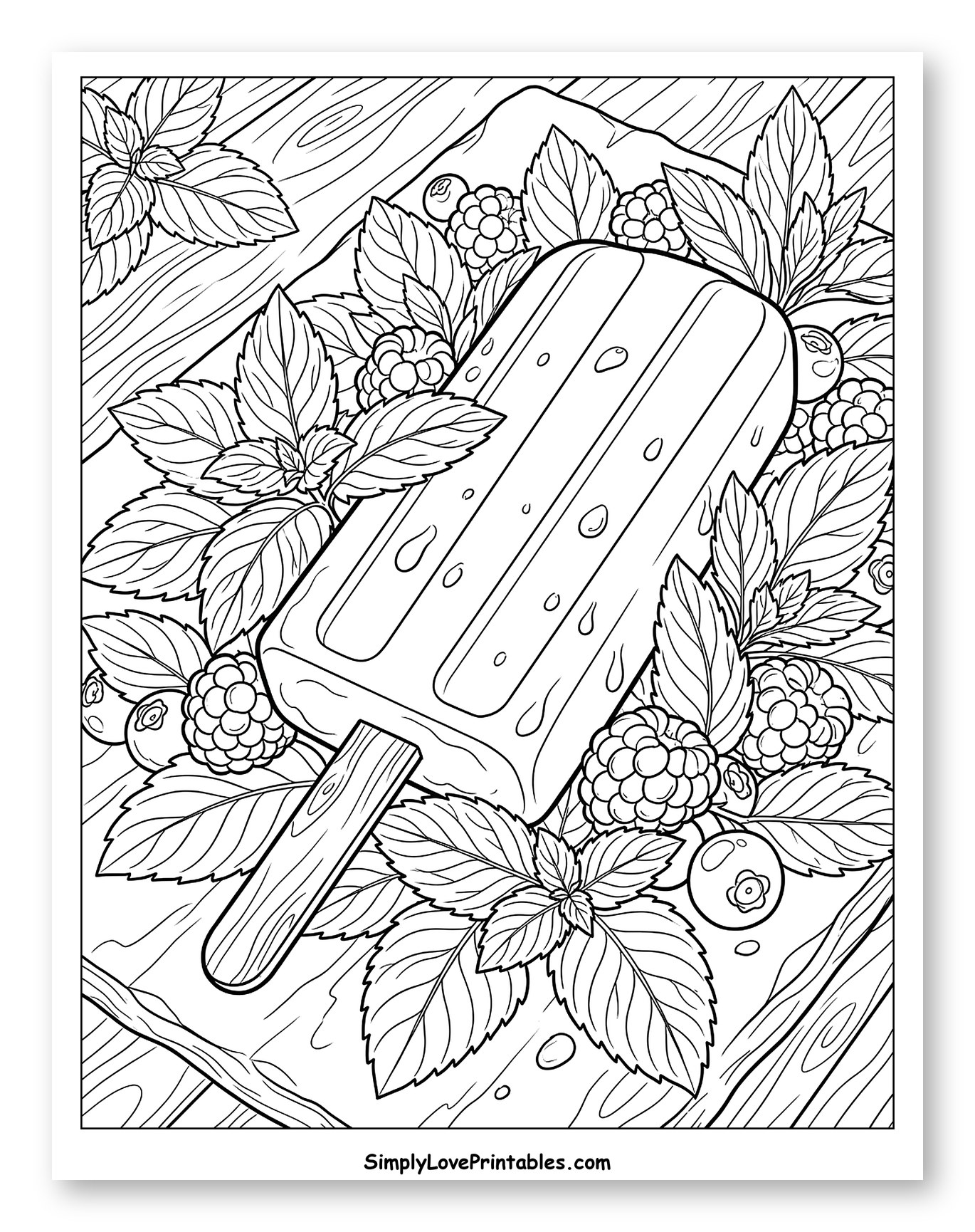 Refreshing Popsicle with Mint and Berries Coloring Page