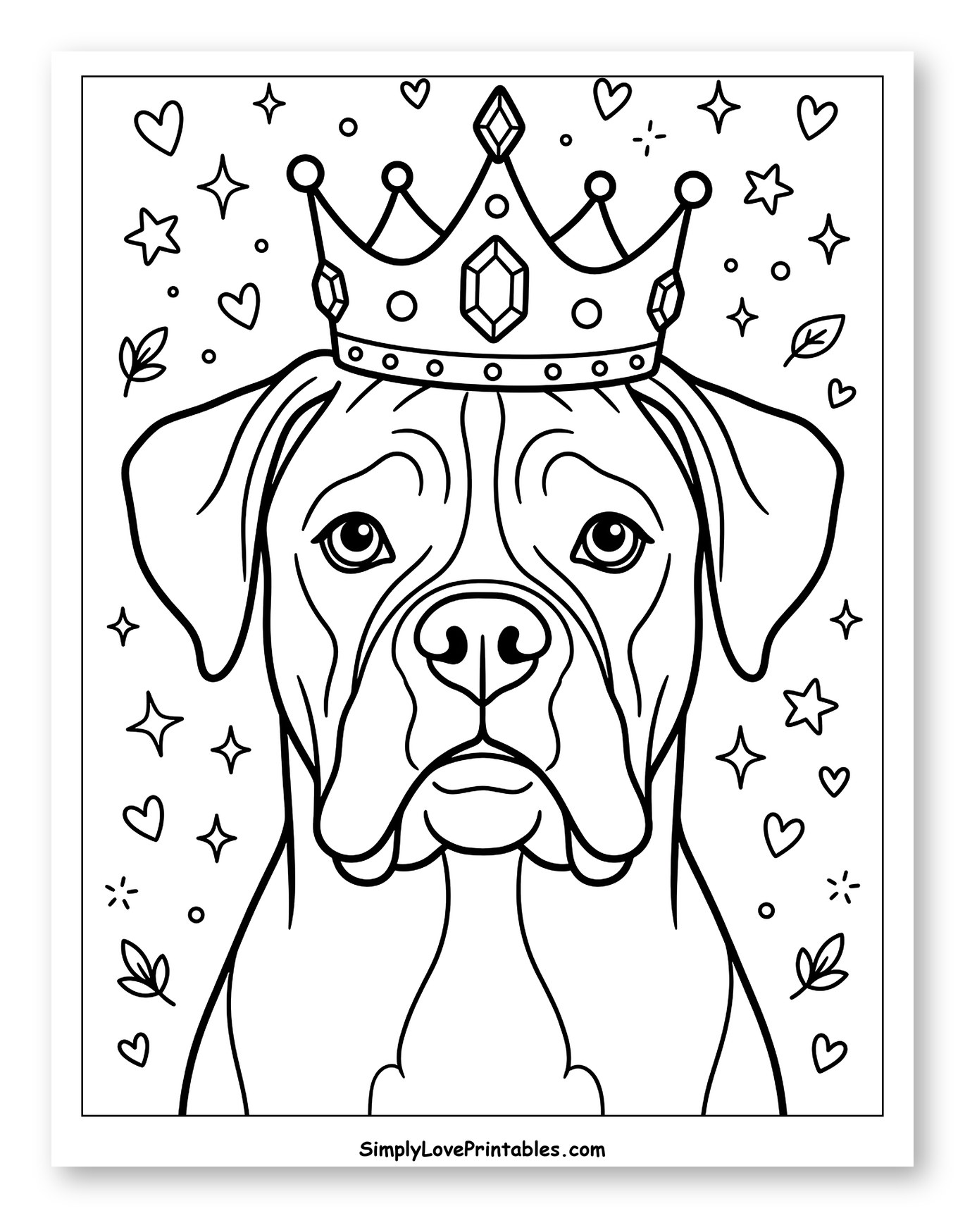 Regal Boxer Dog with Crown and Hearts