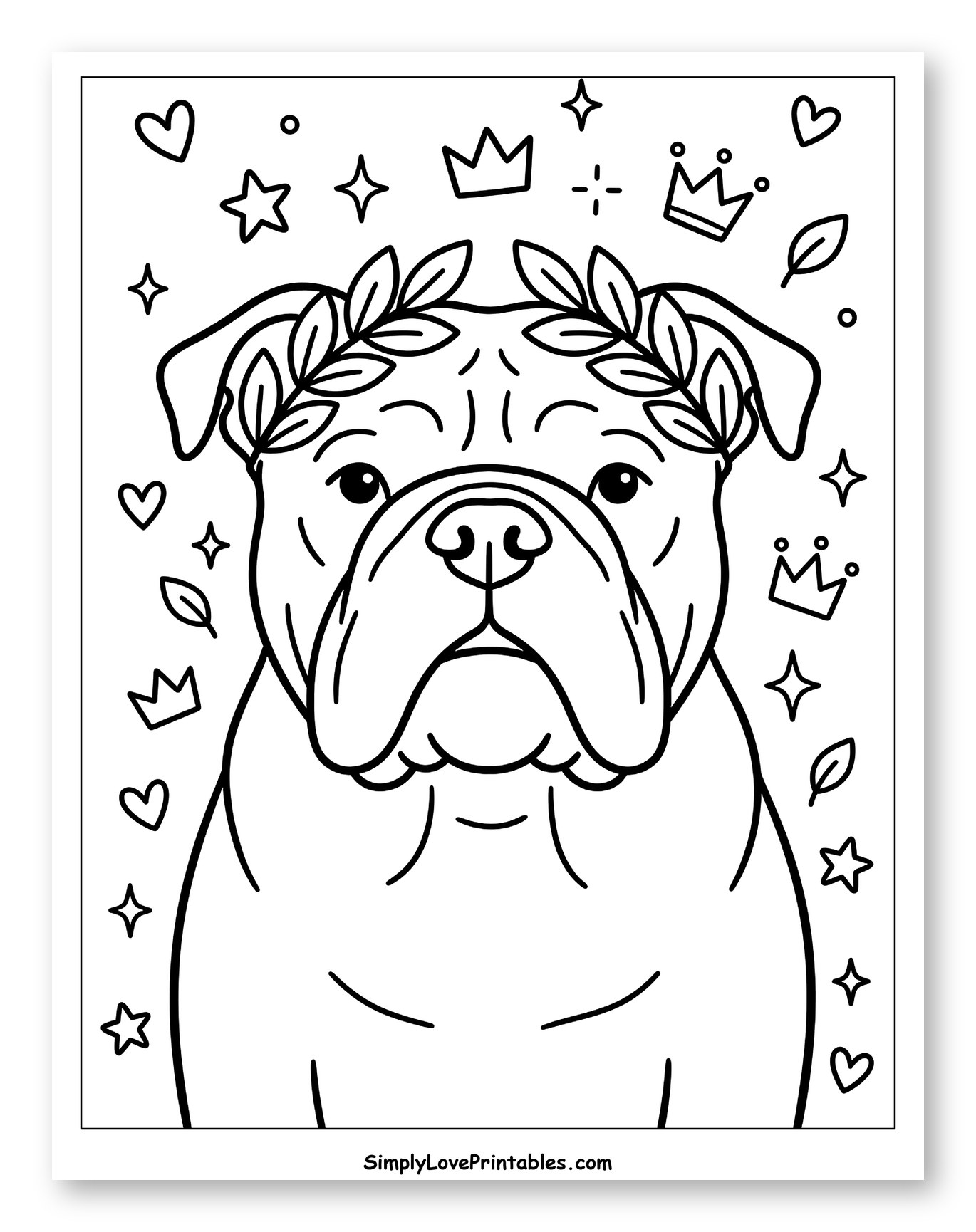 Regal Bulldog with Laurel Crown and Sparkles Coloring Page for Adults
