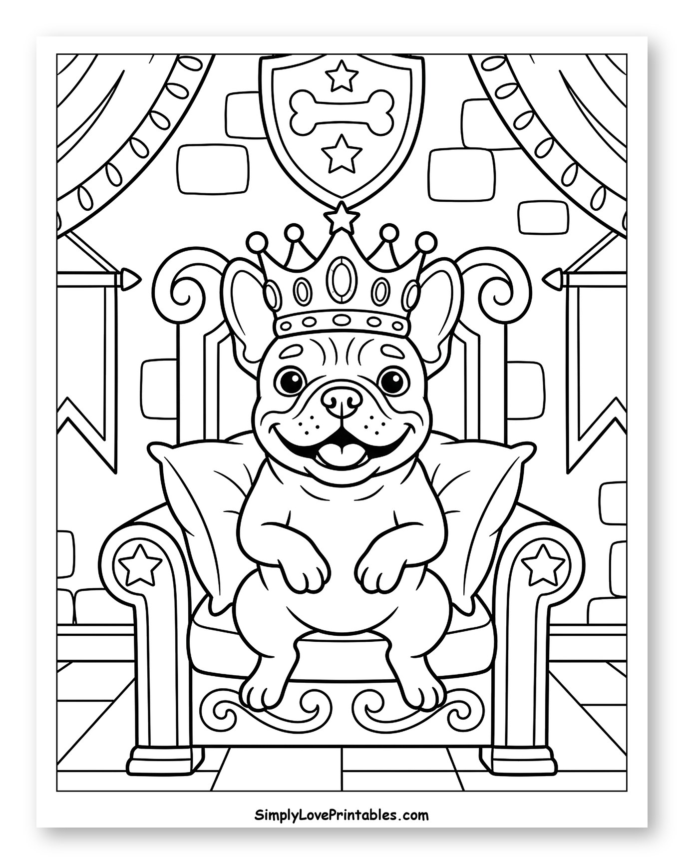 Regal French Bulldog King on a Royal Throne to Color for Kids
