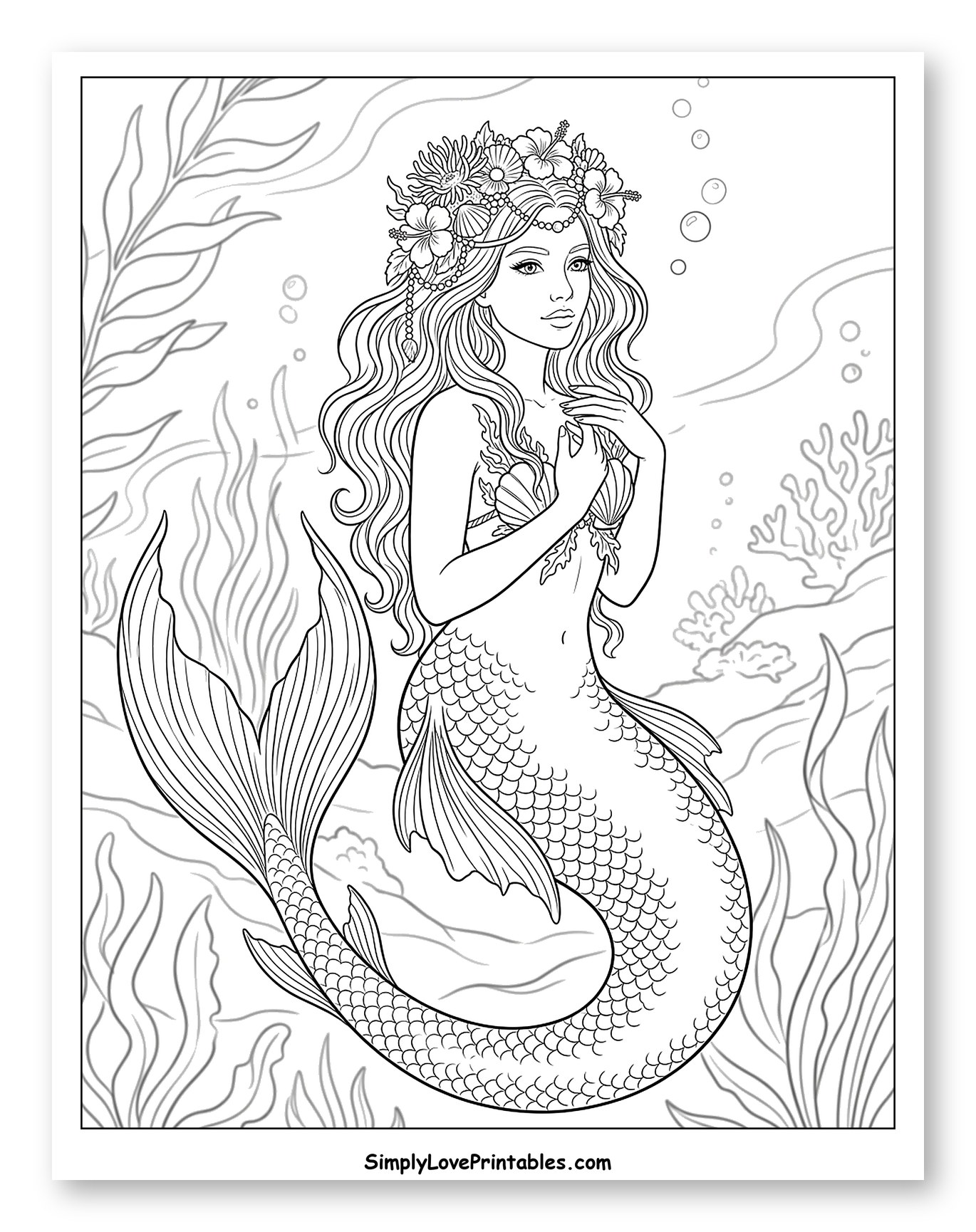 Regal Mermaid with Flowered Headdress Underwater