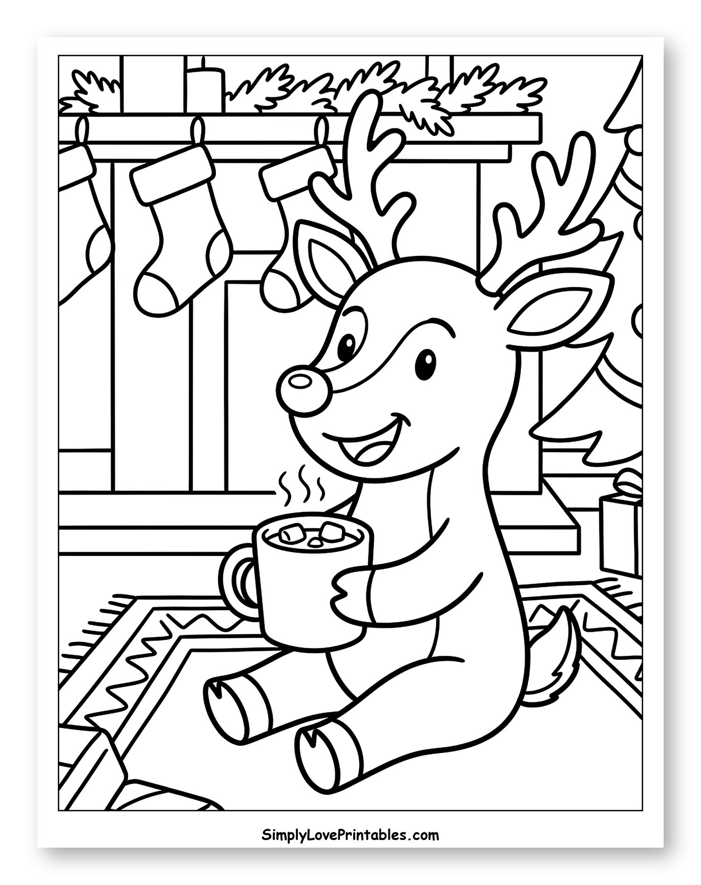Reindeer Enjoying Hot Cocoa by the Fireplace to Color for Kids