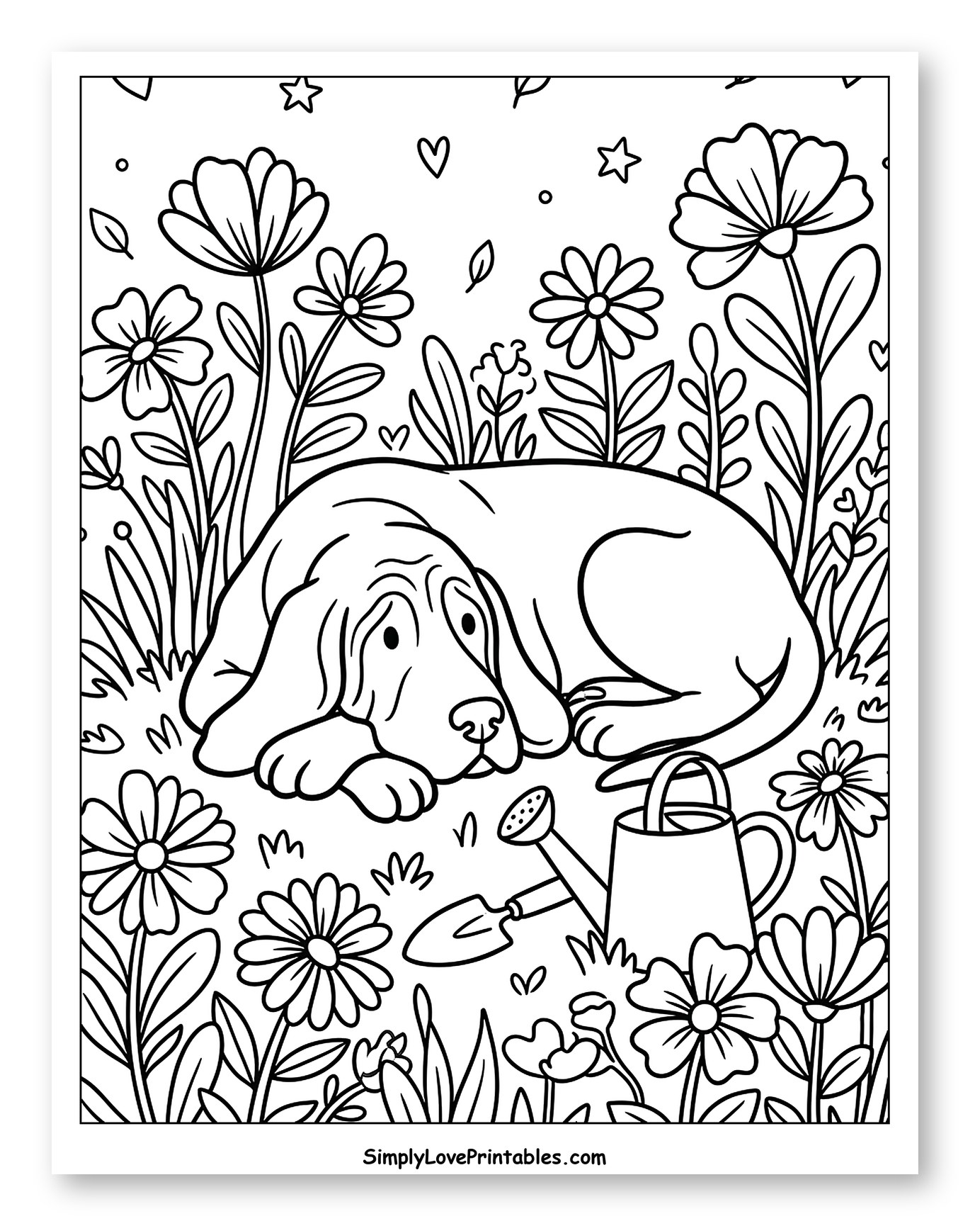 Relaxed Bloodhound Dog Among Garden Flowers