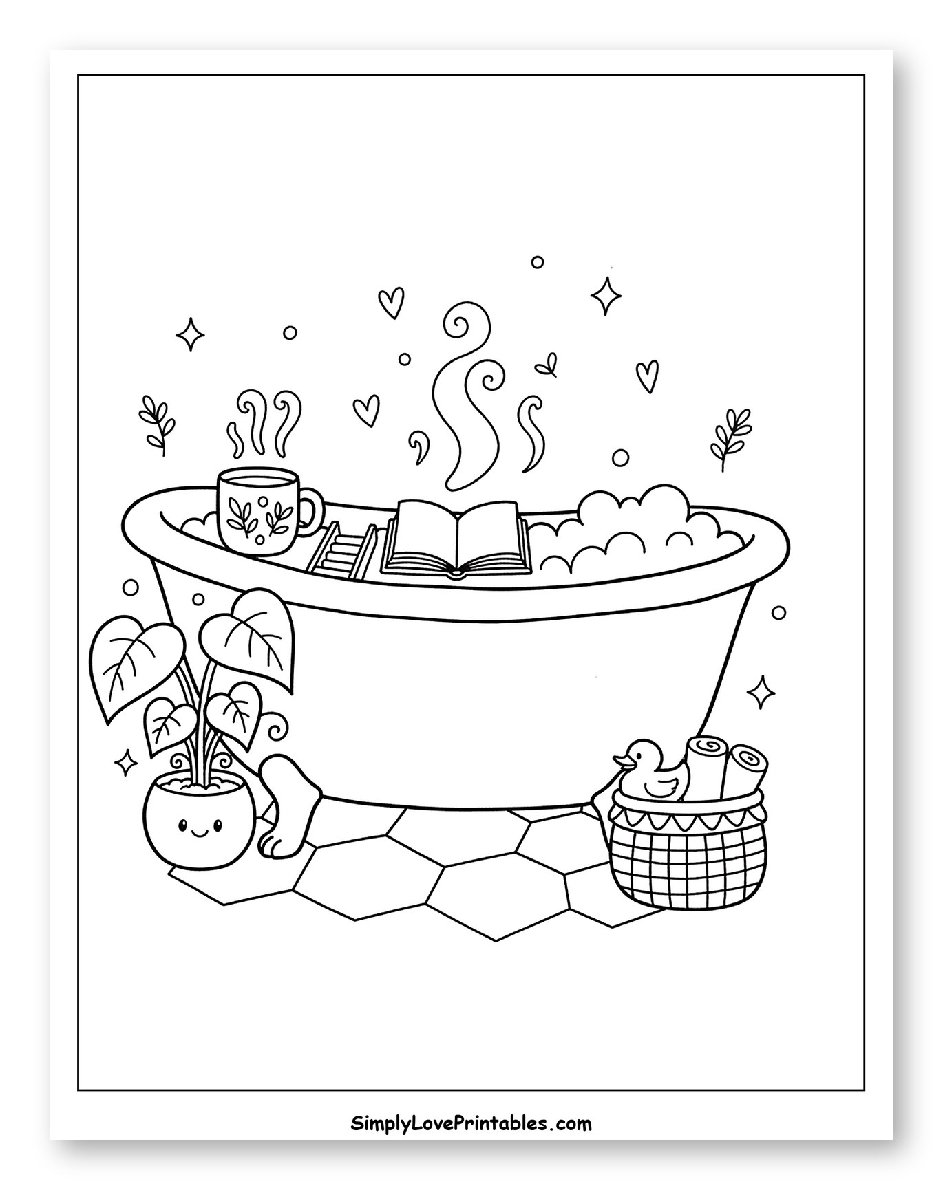 Relaxing Bath with Book and Steaming Mug Coloring Sheet for Adults