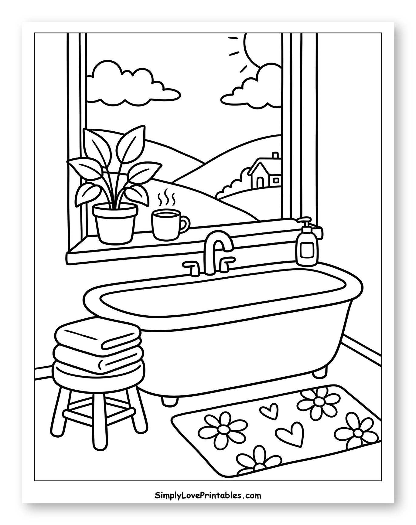 Relaxing Bathtub Scene with Nature View Coloring Sheet for Adults
