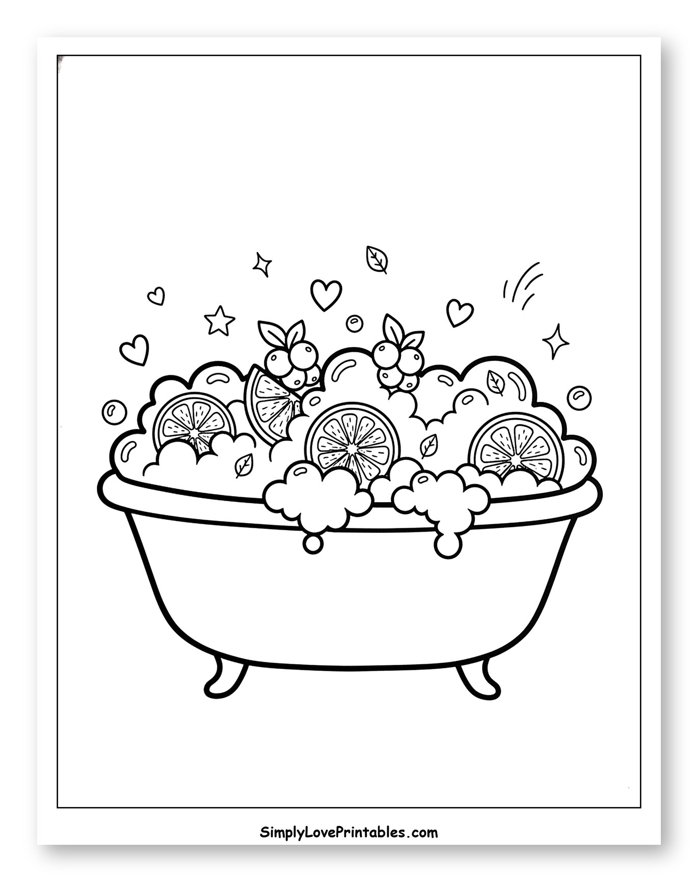 Relaxing Bathtub Soak with Citrus and Berries Coloring Page for Adults