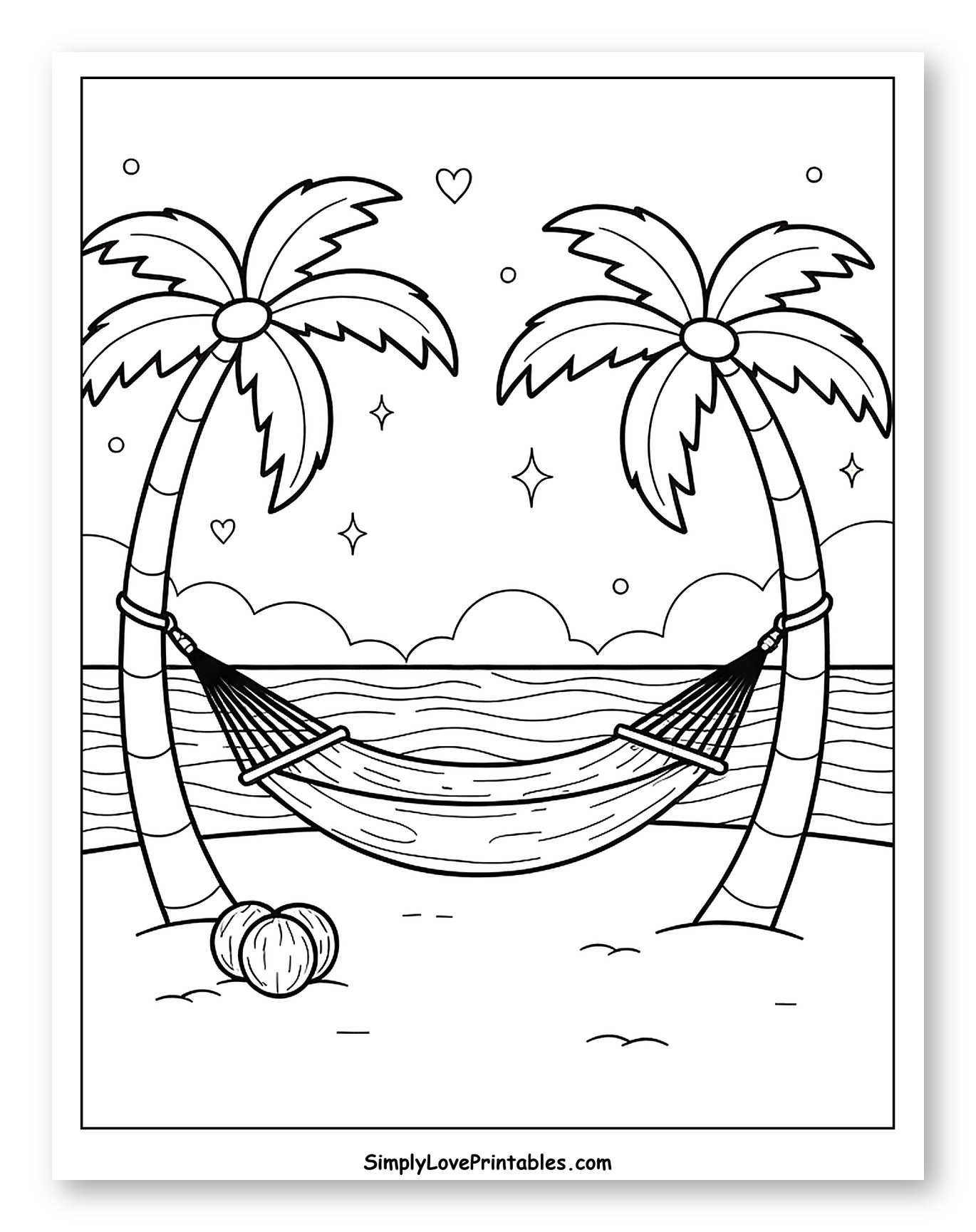 Relaxing Hammock on a Tropical Beach Coloring Sheet for Adults