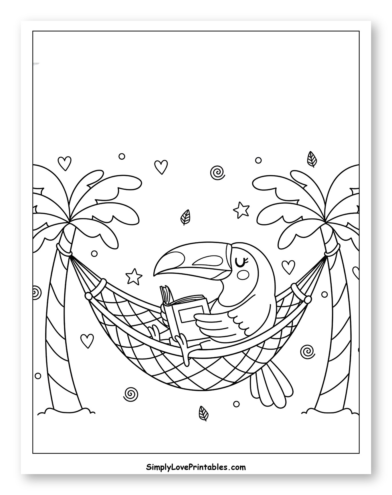 Relaxing Toucan Reading in Hammock Between Palm Trees