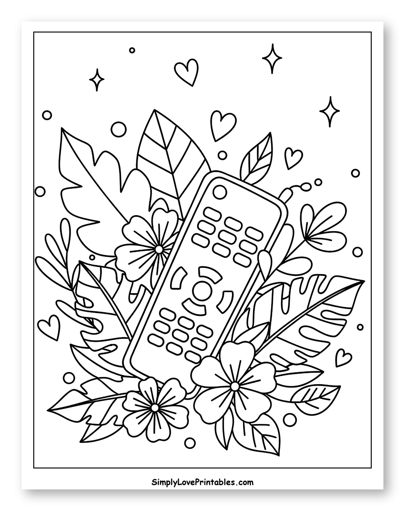 Remote Control with Tropical Leaves and Flowers Coloring Sheet for Adults