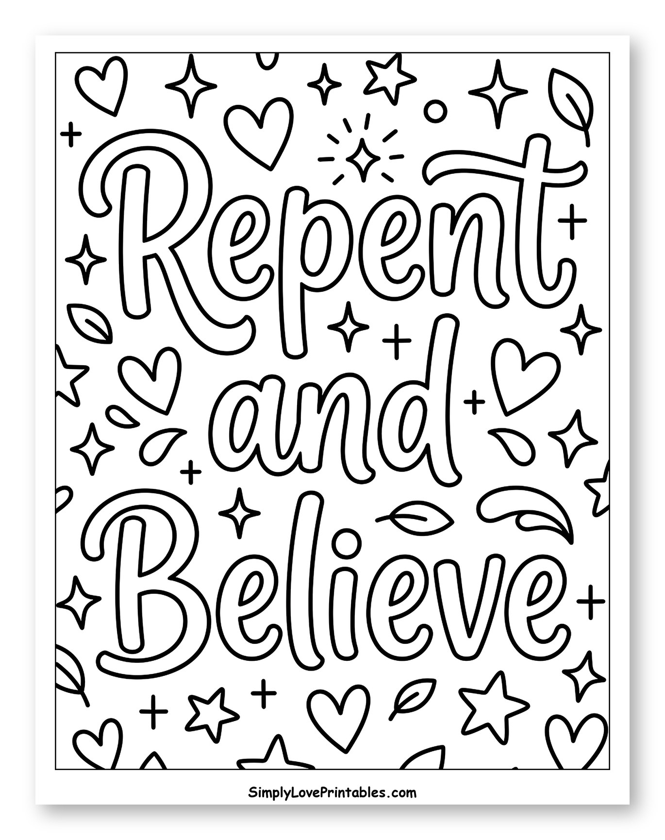 Repent and Believe with Stars and Hearts Coloring Page for Adults