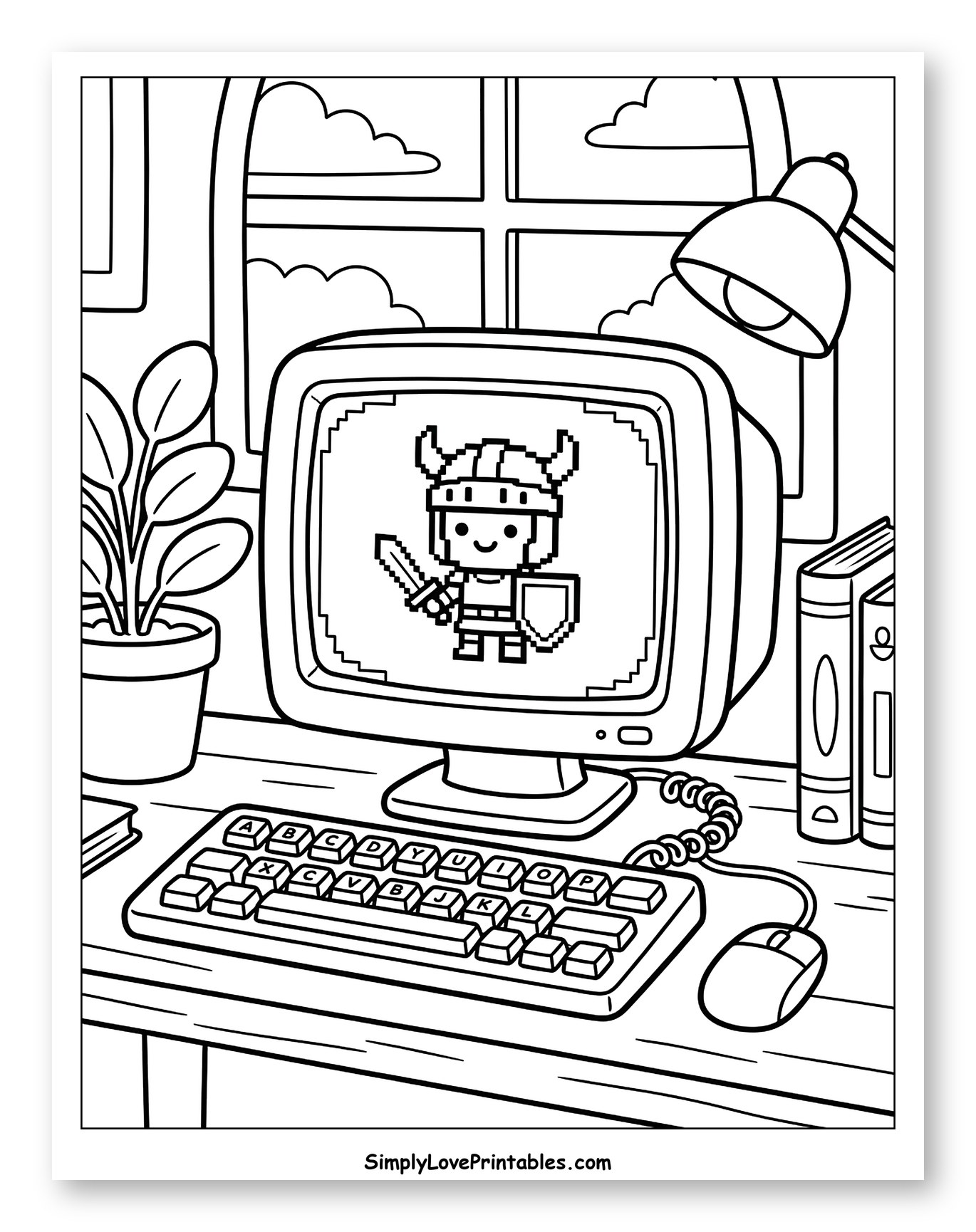 Retro Computer Desk with Pixel Knight to Color for Kids