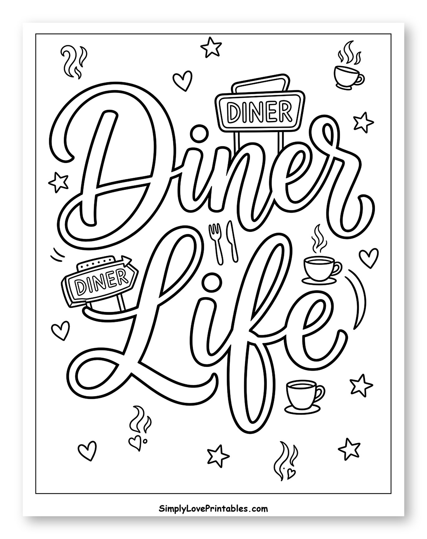 Retro Diner Life Lettering with Fun Decorations to Color for Adults