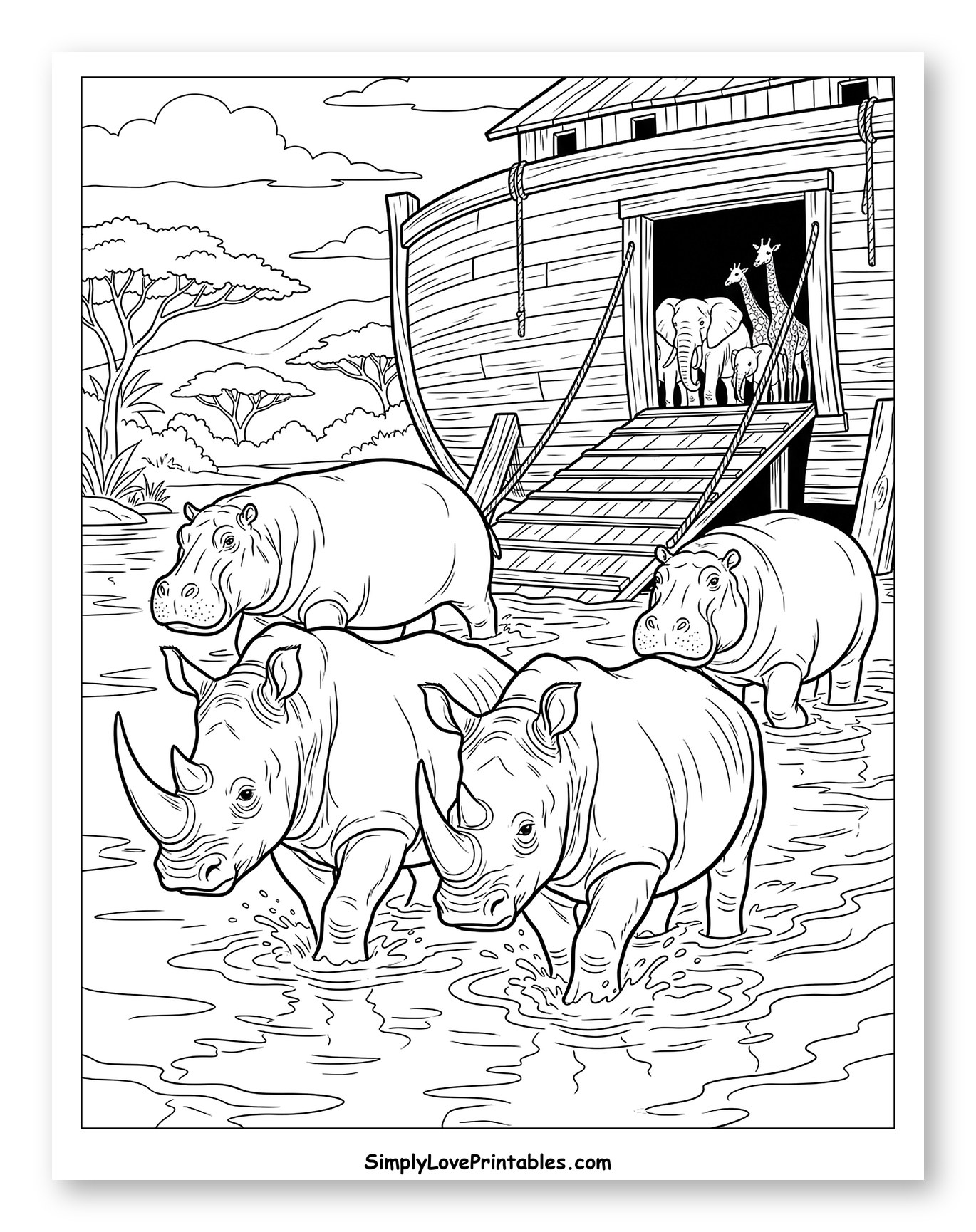 Rhinos and Hippos Approaching Ark Coloring Sheet