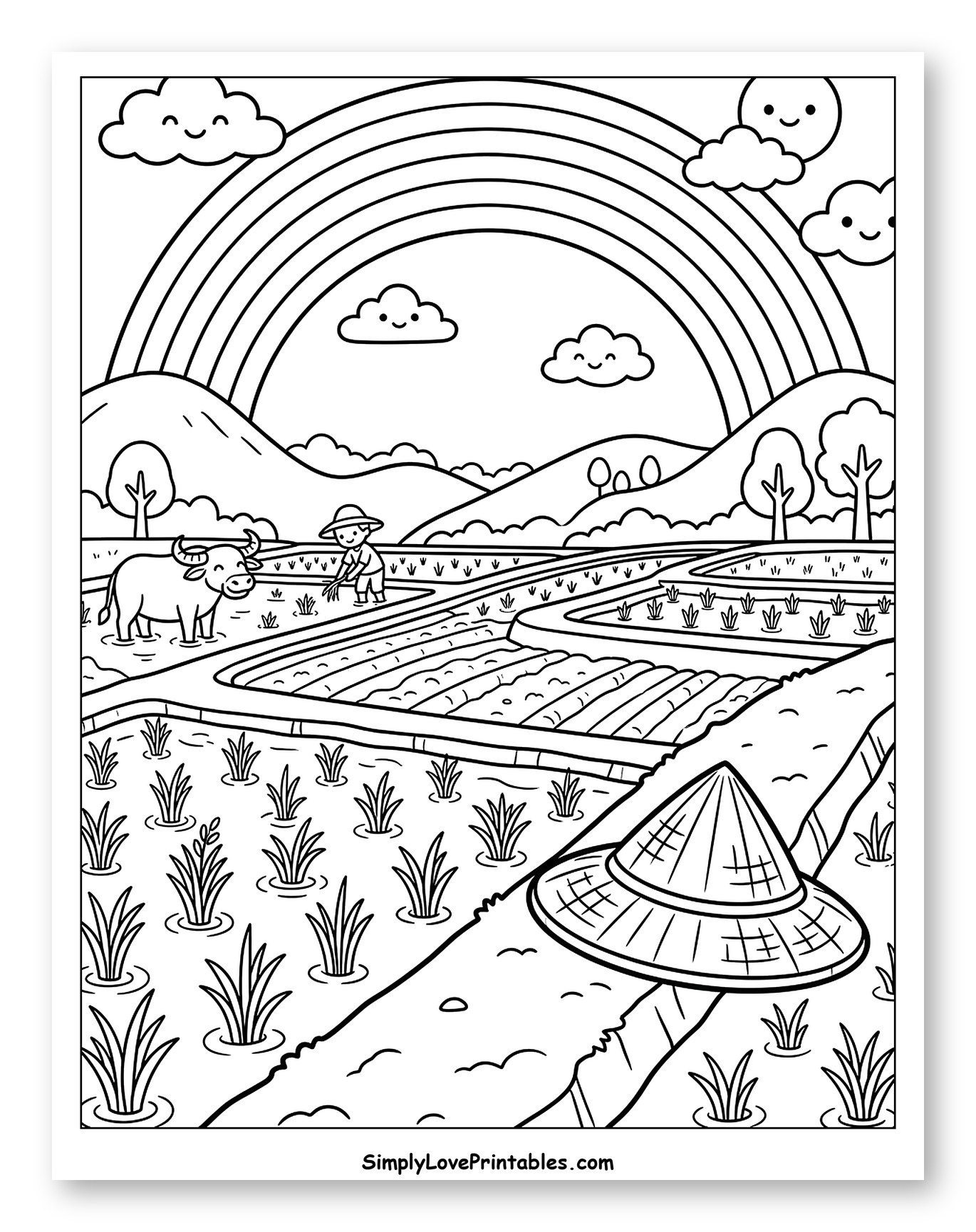 Rice Paddies with Farmer and Water Buffalo