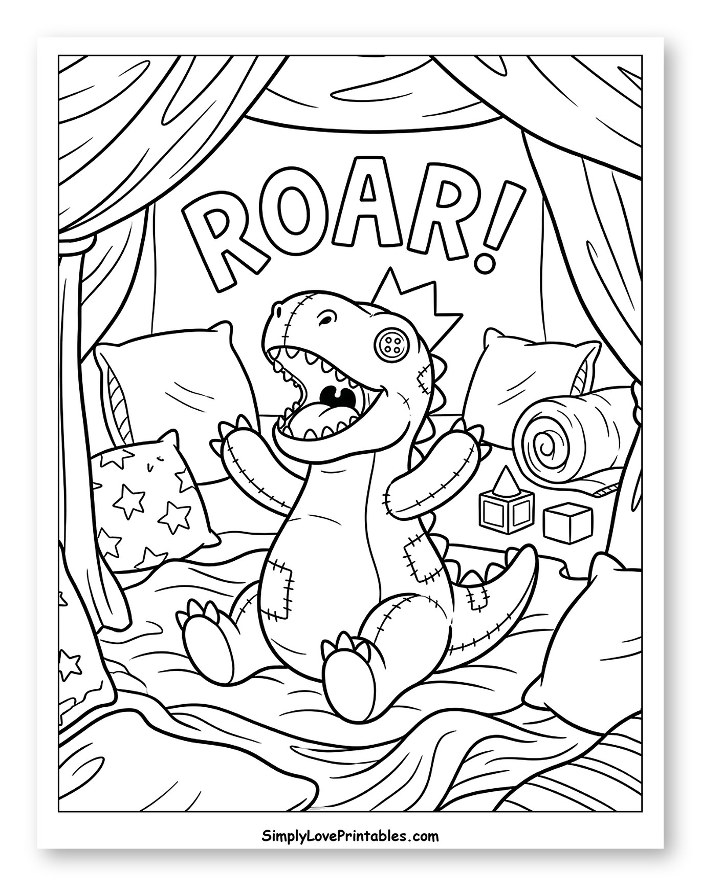Roaring Stuffed Dinosaur in a Cozy Fort