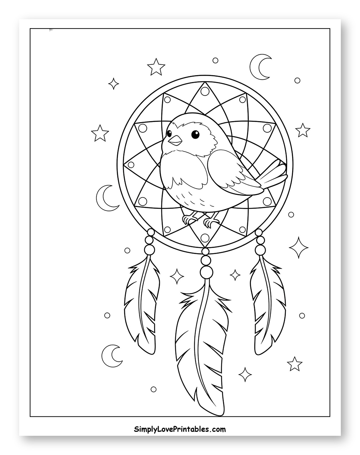 Robin in a Dreamcatcher with Stars and Moons Coloring Sheet for Adults