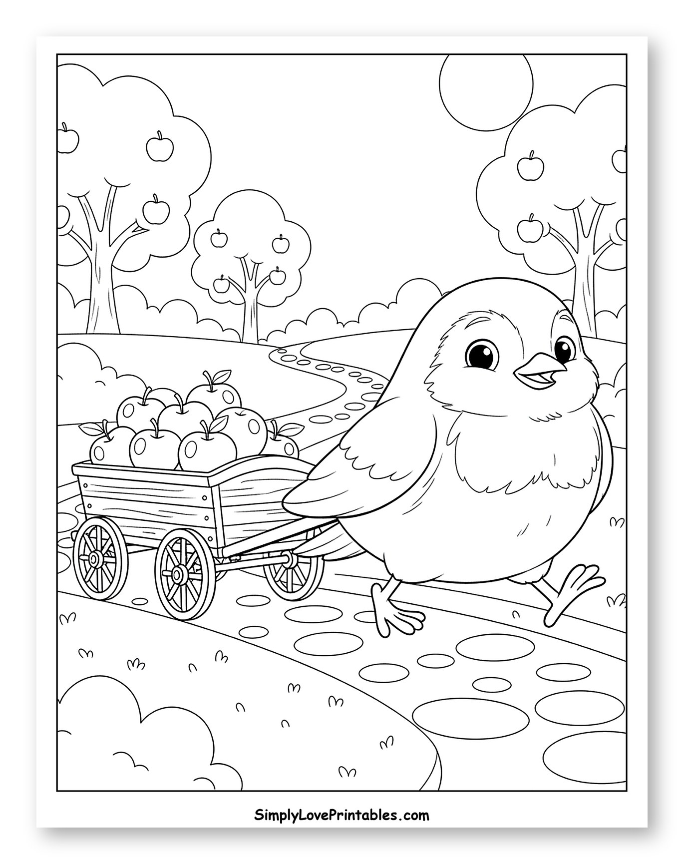 Robin Pulling Apple Cart Through Orchard Path