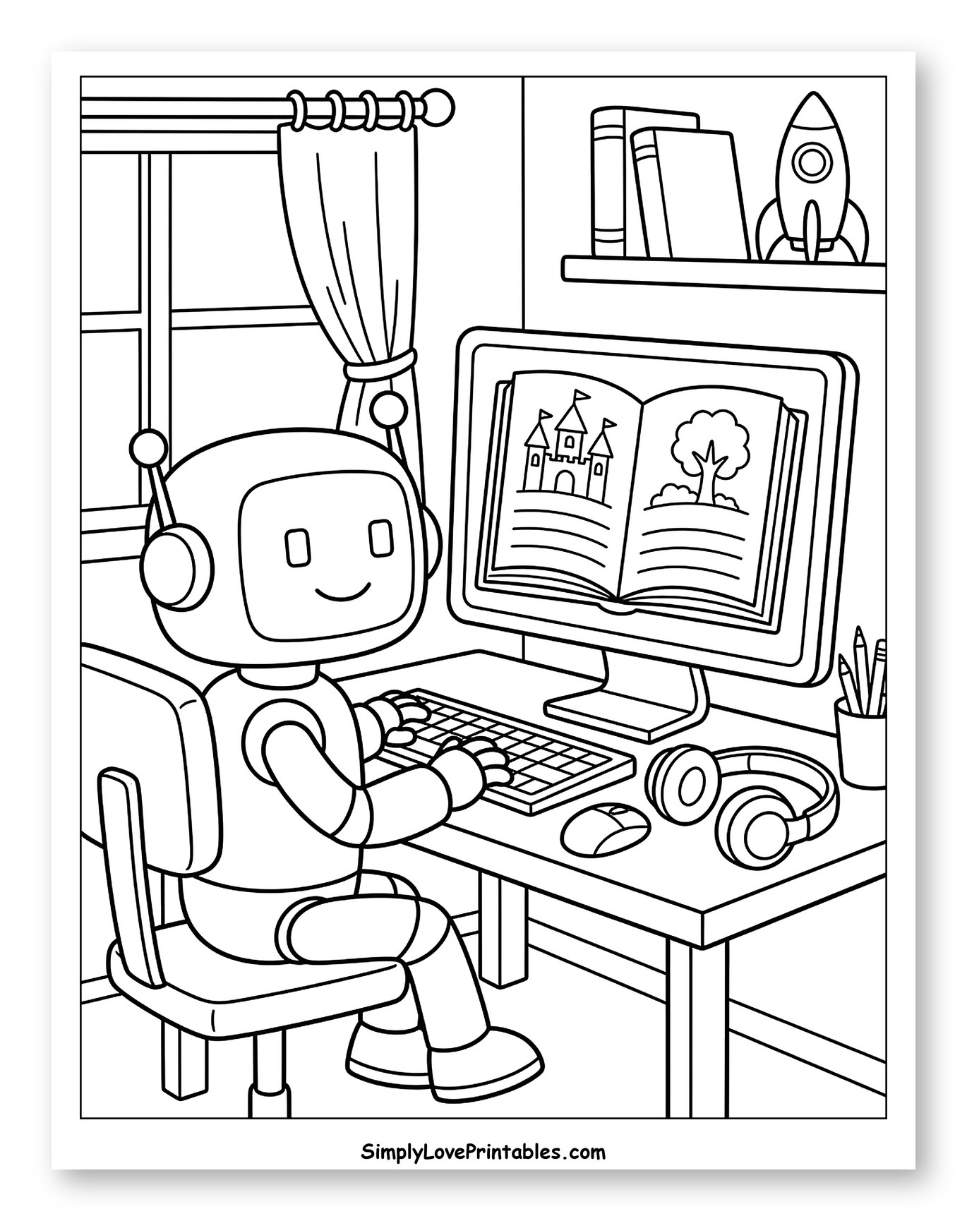 Robot Enjoying a Digital Storybook on Computer to Color for Kids