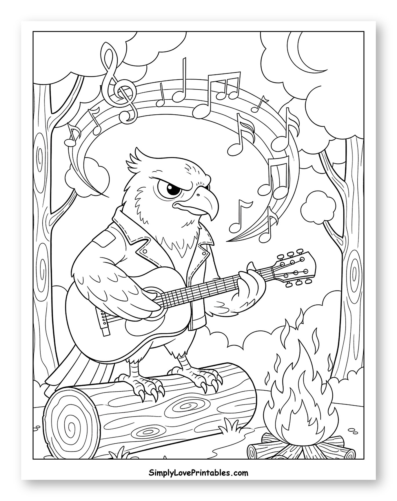 Rockstar Hawk Playing Guitar by a Campfire Coloring Sheet for Kids