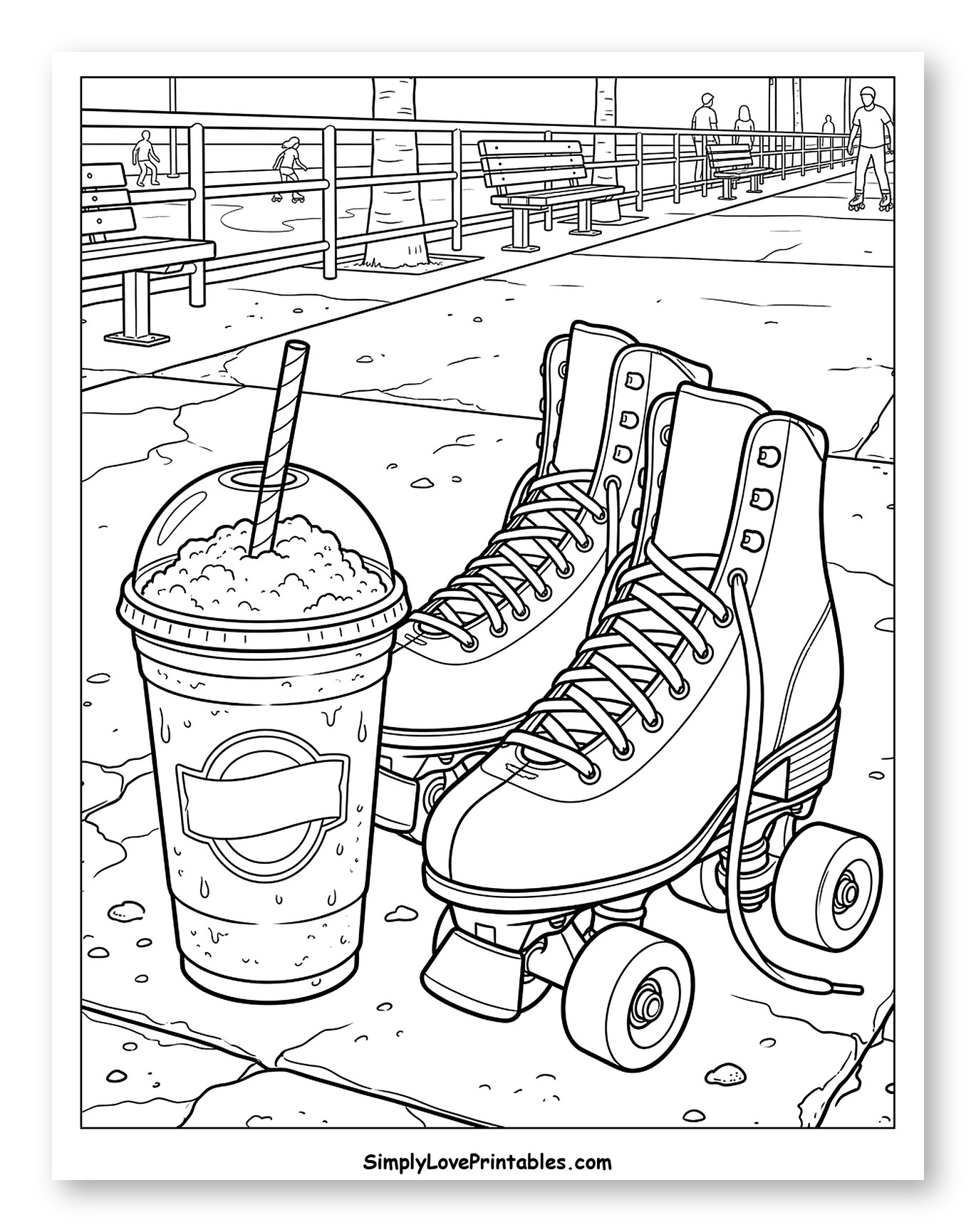 Roller Skates and Slushie by the Boardwalk Coloring Sheet